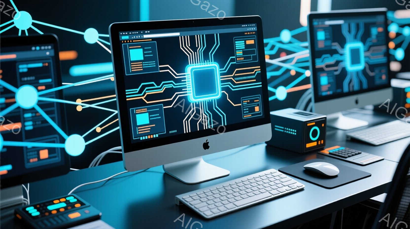 複数のコンピューターが暗い背景に配置され、それぞれ画面には複雑な回路図のようなデザインが表示されています。キーボード、マウス、そして小さな制御装置が配置されており、現代的なテクノロジーとデジタル世界の雰囲気を醸し出しています。全体的に、青とオレンジの光が強調され、近未来的な印象を与えます。