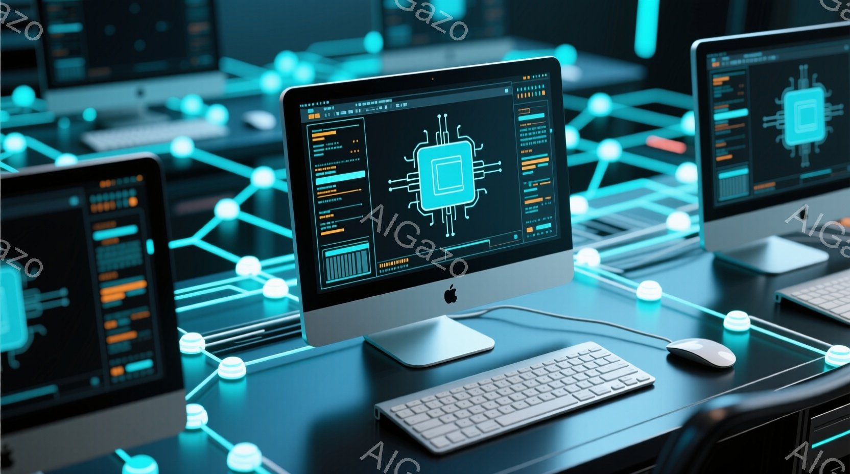 複数のiMacが、鮮やかなネオンブルーのラインで結ばれた未来的な空間に配置されている。各画面には、複雑な回路図のようなデザインが表示され、テクノロジーとネットワークの繋がりを象徴している。暗い背景と発光するラインが、サイバーパンクのような雰囲気を醸し出している。
