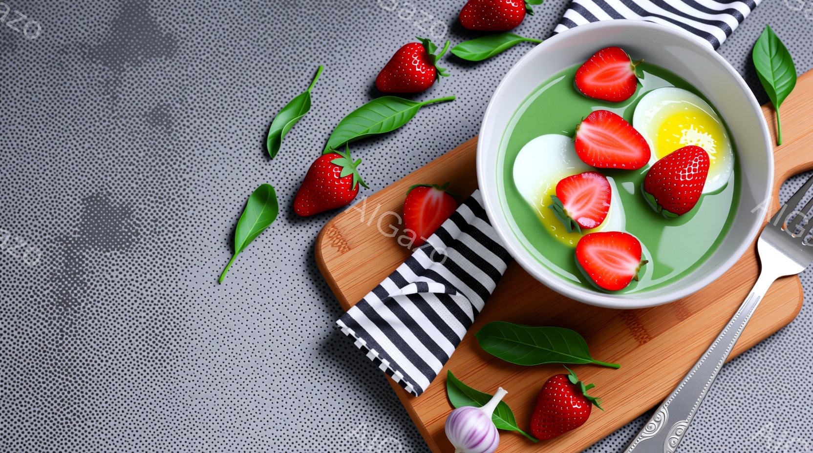 白いボウルの中に、緑色の液体とイチゴのスライス、そして白い塊（おそらくチーズやヨーグルト）が盛り付けられています。木製のプレートの上に配置され、ストライプ柄の布巾、ニンニク、そして新鮮なイチゴが添えられています。背景はグレーのテクスチャで、全体的に明るく、健康的で食欲をそそる雰囲気です。