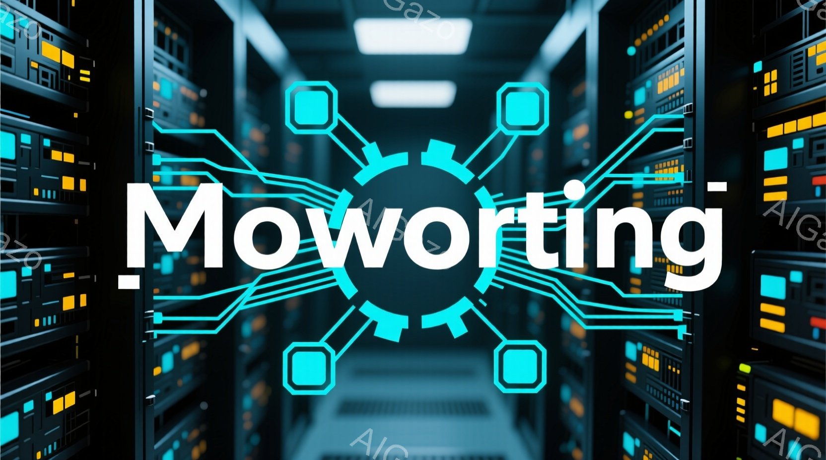 サーバーラックが両側に並び、青色の回路のようなデザインが中央に浮かび上がっています。回路は、中心から放射状に広がる線と四角いノードで構成され、データやネットワークを連想させます。全体的に、冷たい青色と暖かい黄色の光が混ざり合い、技術的で未来的な雰囲気を醸し出しています。