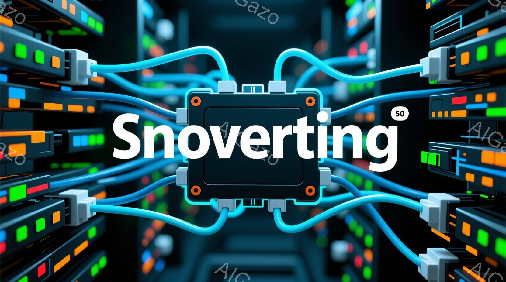 鮮やかな青、緑、オレンジ色のケーブルが複雑に絡み合い、暗い背景を彩っています。中央には黒い長方形のプレートがあり、「Snowerting」という文字が白で書かれています。全体的に、データセンターやネットワークインフラを想起させる未来的な雰囲気です。