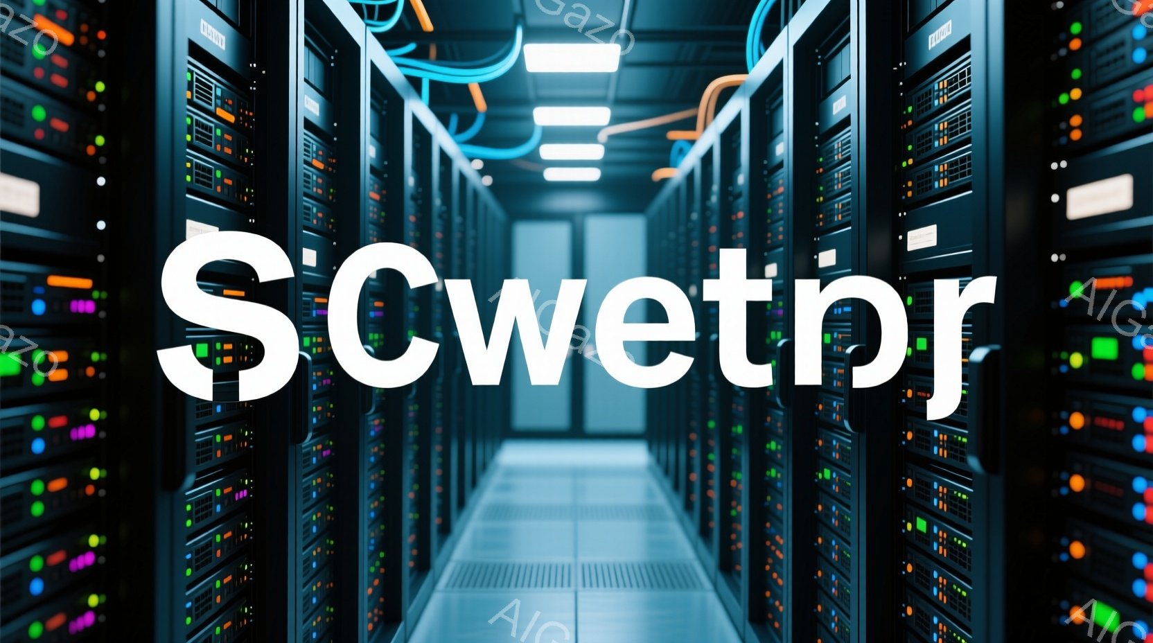 サーバーラックが整然と並んだデータセンター内部を捉えています。青と緑のライトが点滅し、ラックの前面パネルを照らし、未来的な雰囲気を醸し出しています。床は白く清潔で、天井から伸びるケーブルが複雑に絡み合っています。