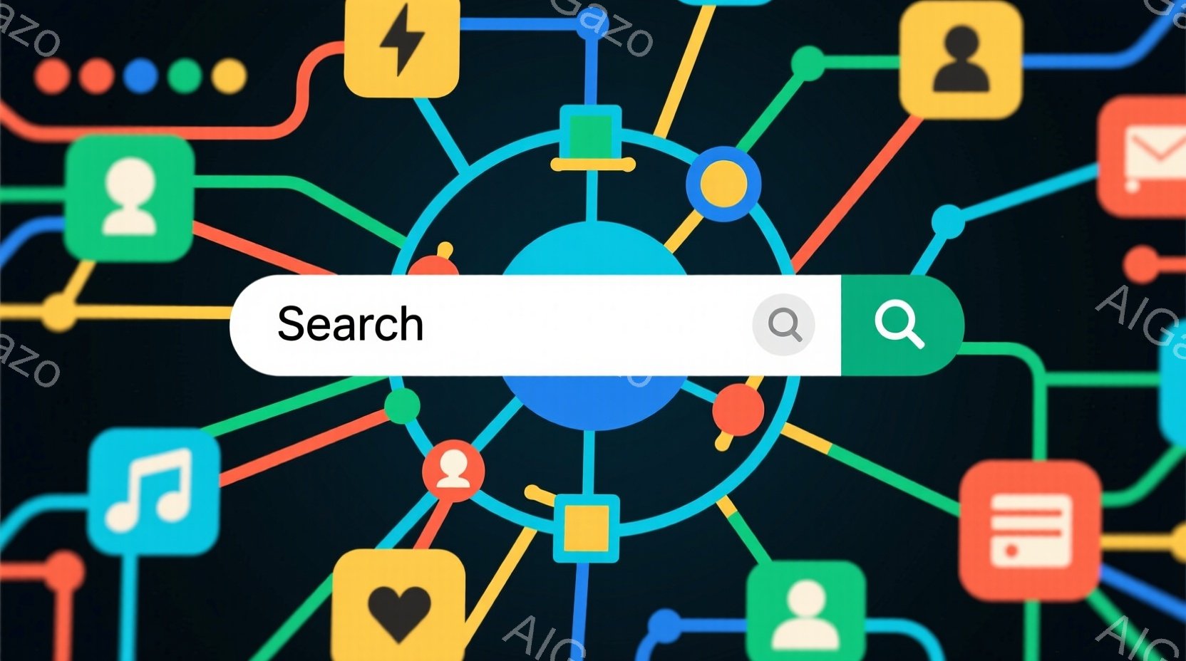 濃い藍色の背景に、さまざまなアイコンが線で繋がれたネットワークが描かれています。アイコンには人物シルエット、音楽記号、ハート、封筒、ファイルなどが含まれており、中央には検索バーが表示されています。全体 - AI生成フリー素材