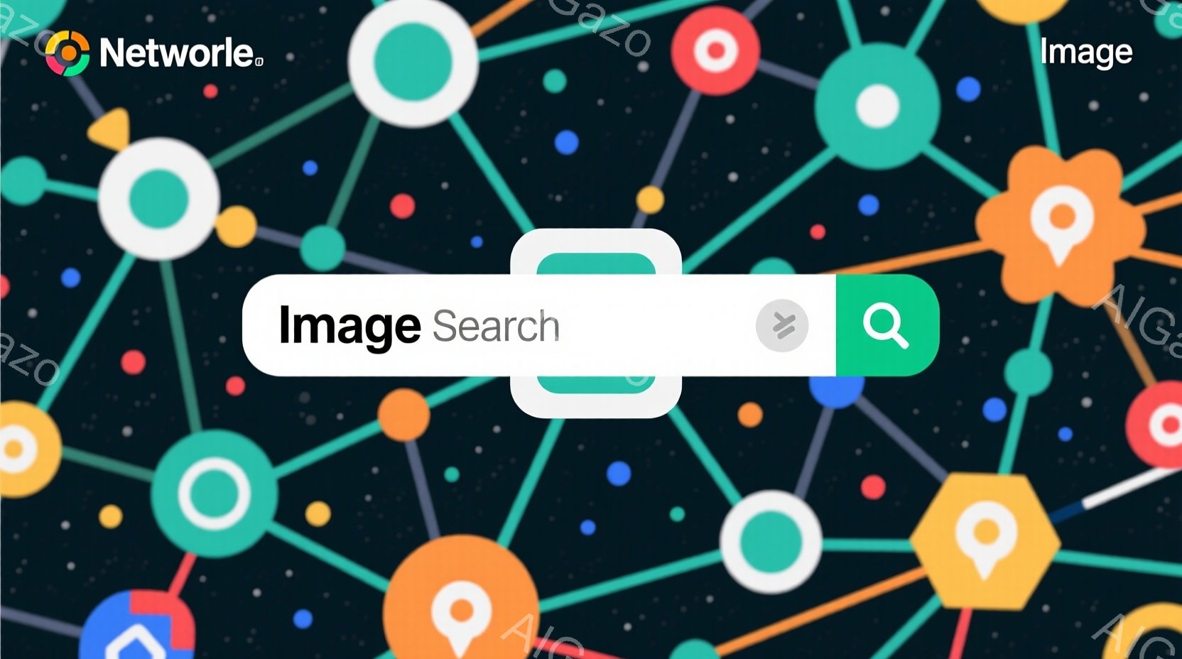 濃い青色の背景に、オレンジ、ターコイズ、ピンク、赤など様々な色の六角形と円がランダムに配置されています。それらは細い白い線で繋がれており、まるでネットワークや繋がりを視覚化したような印象を与えます。全体的にモダンで抽象的な雰囲気であり、ビジネスやテクノロジー関連のイメージとして利用できそうです。