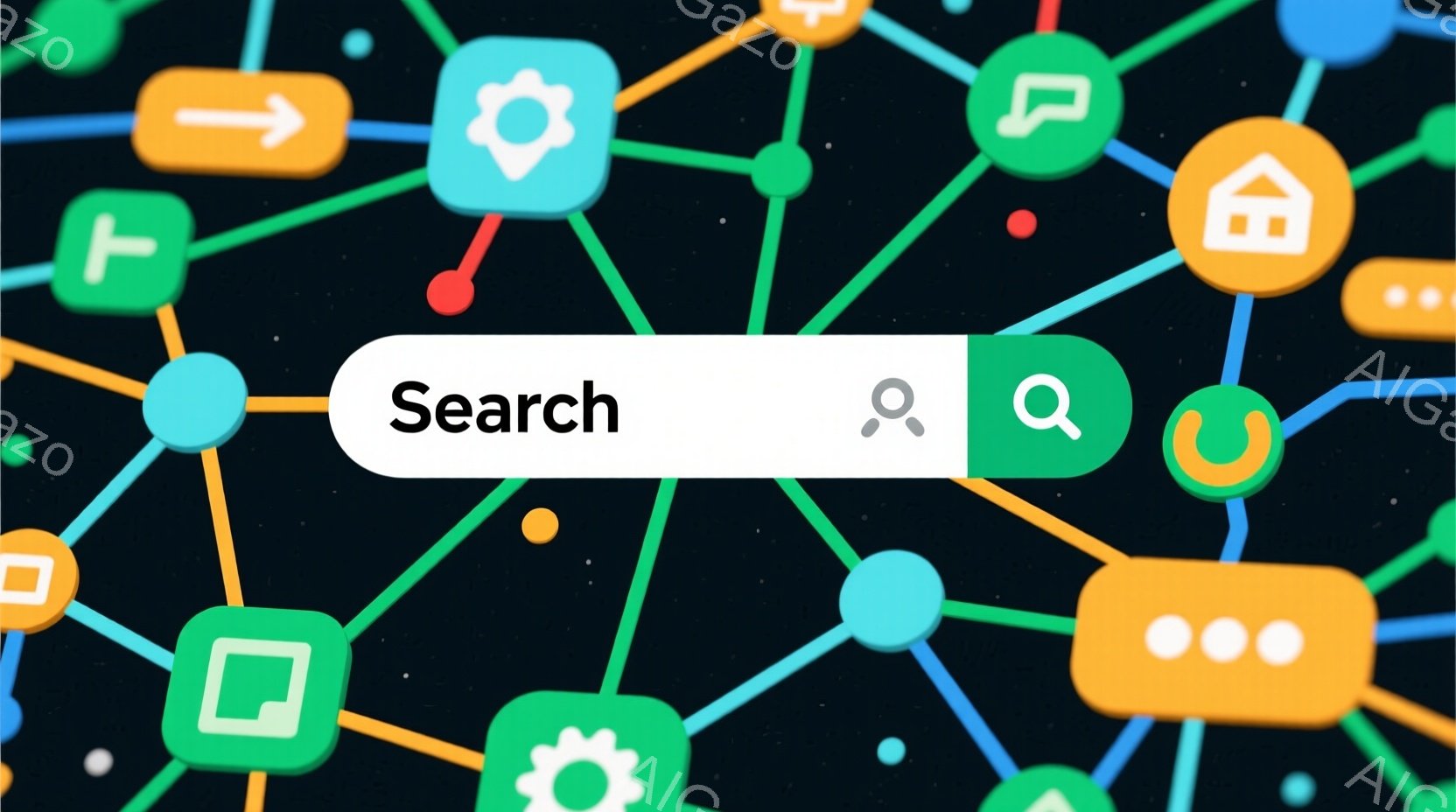 濃い緑色の背景に、様々なカラフルなアイコンが線で繋がって配置されています。検索バーが中央に配置されており、「Search」と入力され、虫眼鏡アイコンが表示されています。全体的に、ネットワーク、接続、デ - AI生成フリー素材