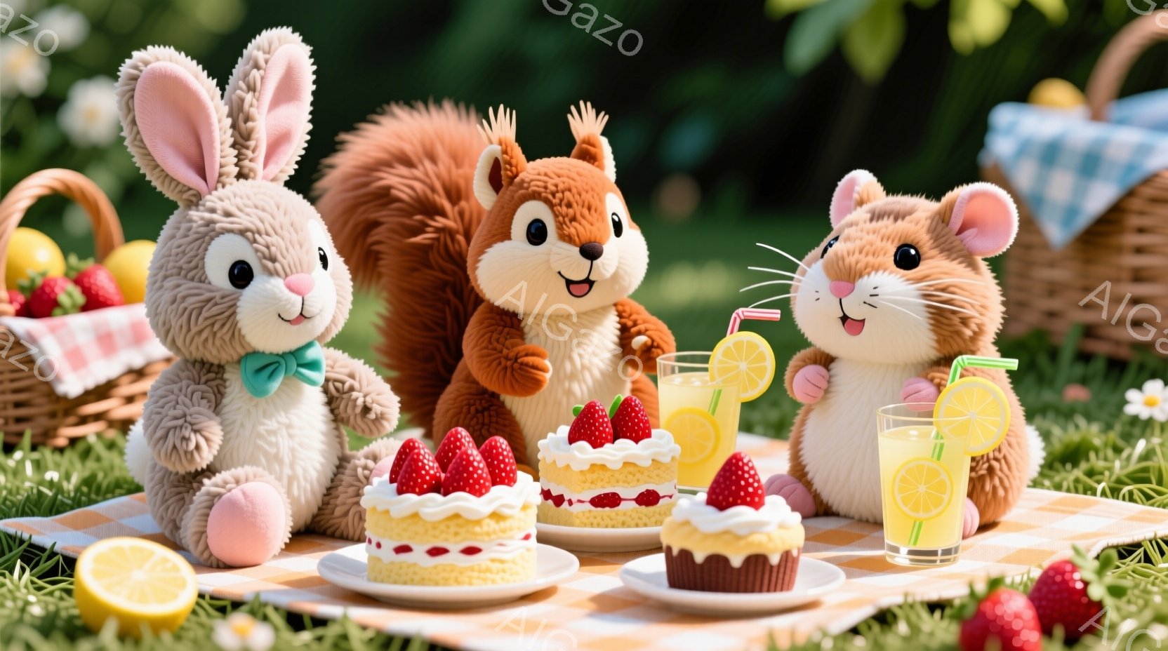 柔らかい毛並みのウサギ、リス、ハムスターがピクニックを楽しんでいます。ウサギは水色のリボン、リスはクリーム色のベスト、ハムスターは黄色のセーターを着ており、それぞれ笑顔でケーキとレモネードを楽しんでい - AI生成フリー素材