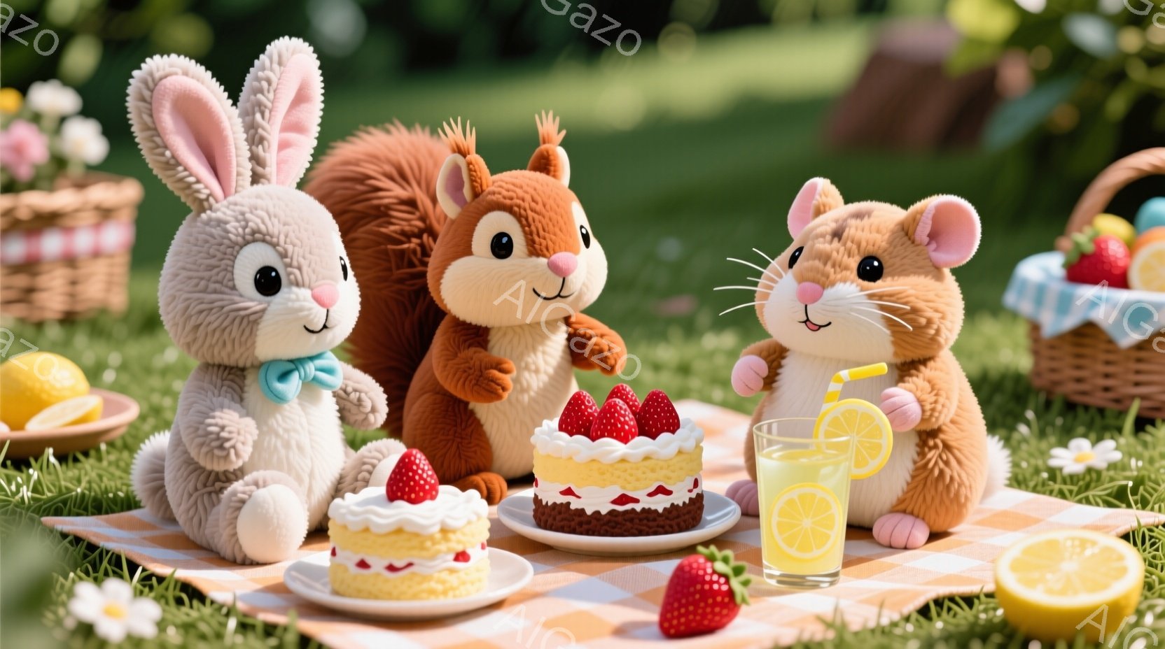 ふわふわの動物たちがピクニックを楽しんでいます。ウサギは水色のリボンをつけており、リスとハムスターはそれぞれ楽しそうな表情をしています。背景には緑の草地とレモン、イチゴ、ケーキが置かれたピクニックシートがあり、全体的に温かく、幸せな雰囲気です。