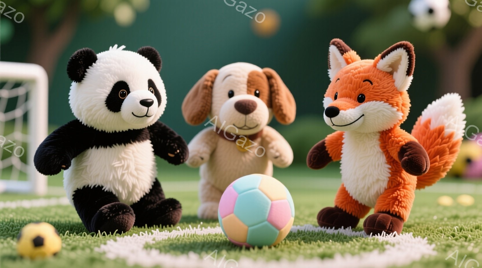 パンダ、犬、キツネの３匹のぬいぐるみは、緑の芝生の上でサッカーボールを囲んでいます。パンダは黒と白の模様で、犬は茶色い毛並みに赤いバンダナを巻いています。背景にはサッカーゴールが見え、背景は緑豊かな自 - AI生成フリー素材