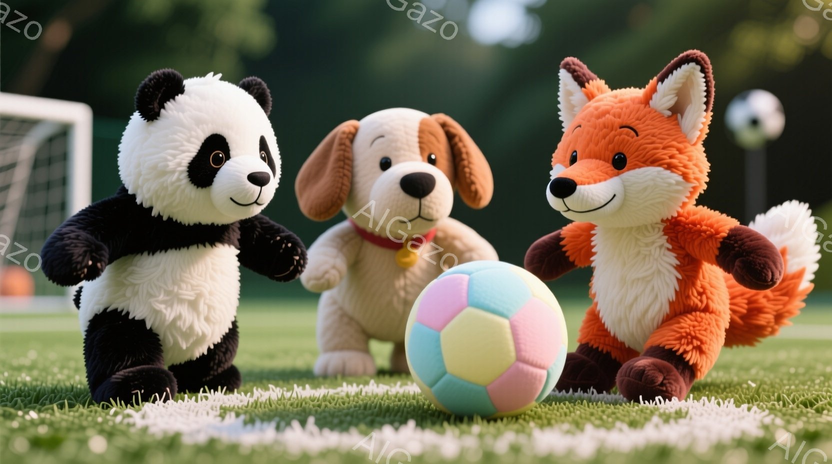 ぬいぐるみであるパンダ、犬、キツネが、緑の芝生の上にサッカーボールを囲んでいます。パンダは黒と白の模様で、犬は茶色い毛並みに赤い首輪をしています。背景にはサッカーゴールが見え、晴れた空の下、楽しげな雰 - AI生成フリー素材