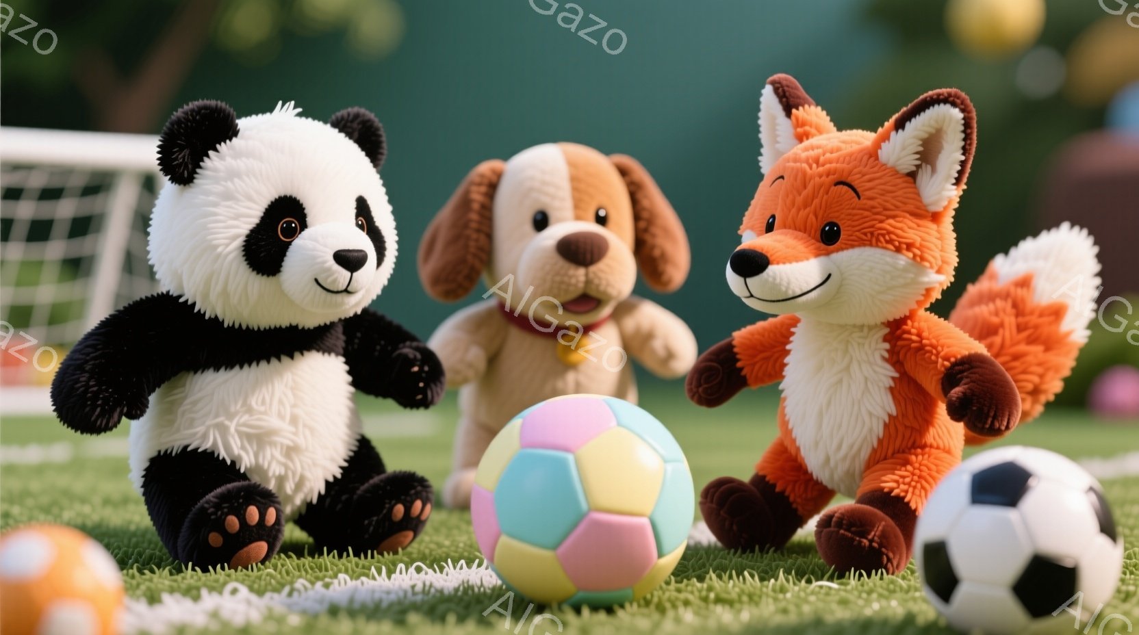 緑の芝生の上に、パンダ、犬、キツネのぬいぐるみたちがサッカーボールを囲んでいます。パンダは黒と白の体で、明るい表情でボールを見つめています。背景にはサッカーゴールが見え、明るい晴天で、全体的に陽気で楽しい雰囲気が漂っています。