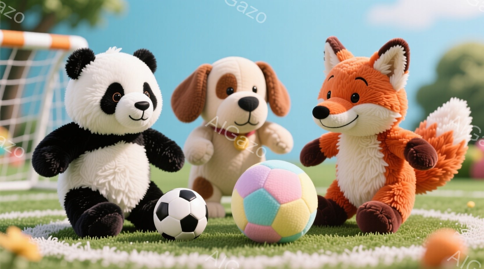白と黒のパンダ、茶色の犬、オレンジ色の狐の3匹の動物が、緑の芝生の上でサッカーボールを囲んでいます。パンダは座って少し微笑んでおり、犬は首輪をつけています。背景には、青空と緑豊かな木々が見え、晴れた日の公園の雰囲気です。
