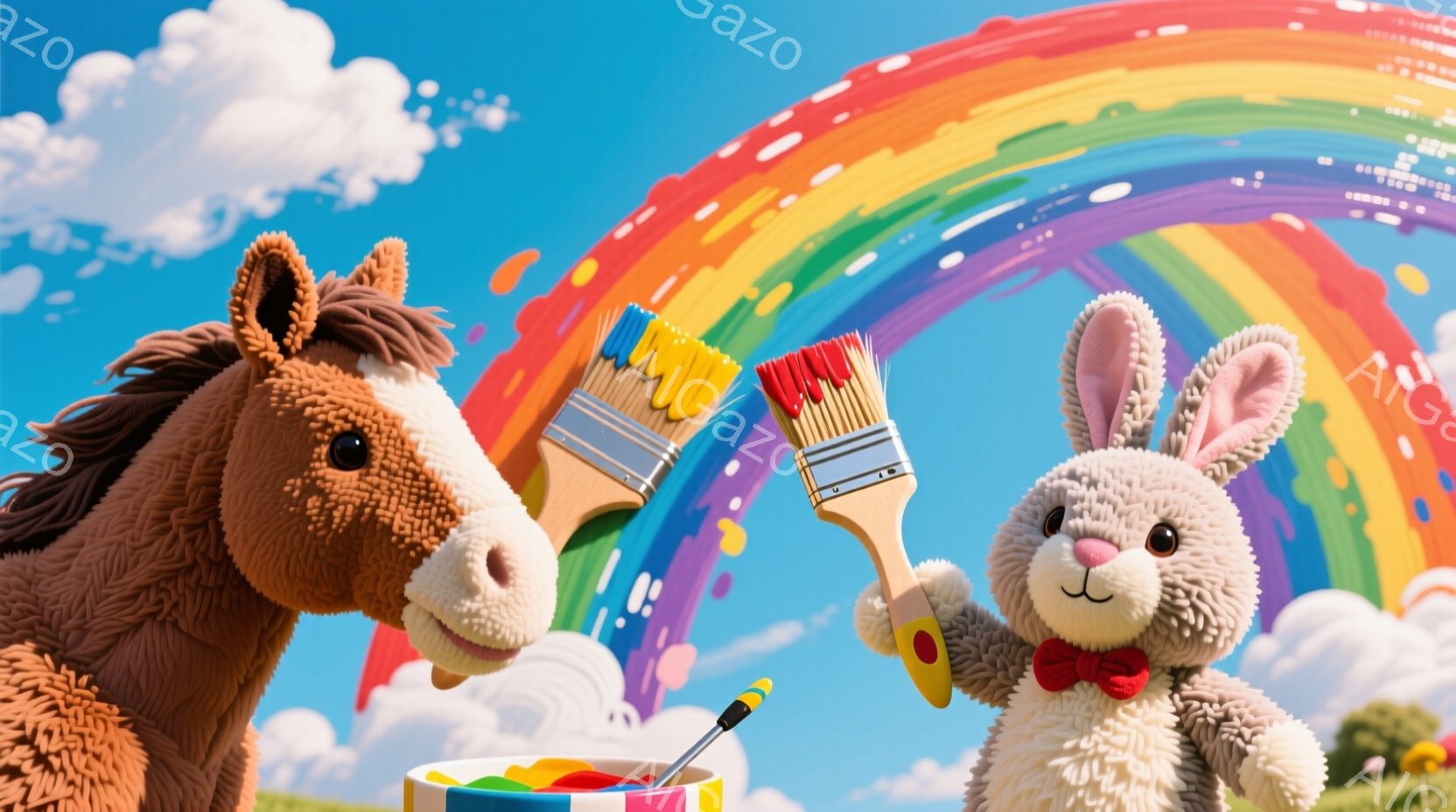 柔らかい毛並みを持つ茶色の馬と、赤いリボンを付けた白いウサギが、絵の具の入ったパレットと筆を持って描いているように見えます。背景には鮮やかな虹がかかり、緑の草原と白い雲が広がり、明るく楽しい雰囲気です。全体的に、子供向けのイラストレーションのような、暖かく愛らしい印象を受けます。