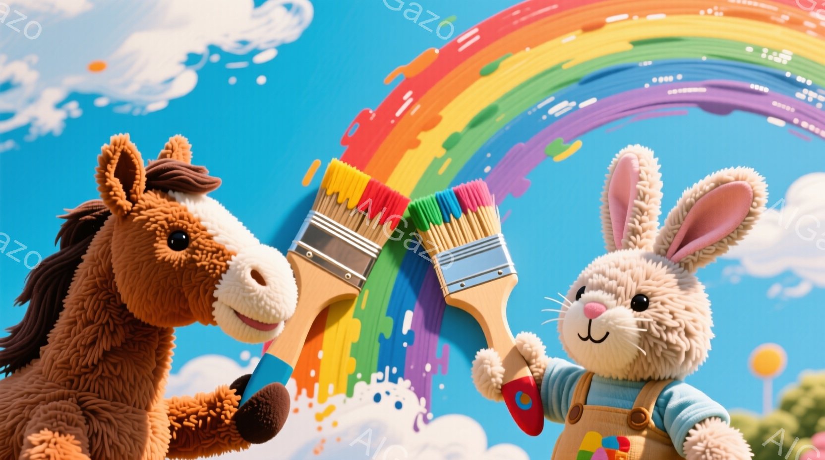 ふわふわの茶色の馬と白いウサギが、それぞれ絵筆を持っています。馬は明るい表情で、ウサギは少し恥ずかしそうな、しかし幸せそうな笑顔を浮かべています。背景には虹が描かれ、空には雲が浮かんでおり、全体的に暖 - AI生成フリー素材