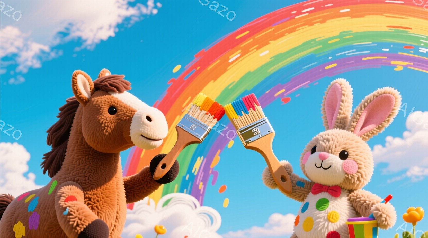 茶色のぬいぐるみ馬と白いウサギが、虹色の絵筆を持って互いに向かい合って立っています。背景には青空と、点在する花、そして虹が描かれ、全体的に明るく楽しい雰囲気です。ウサギは赤いリボンをつけており、馬とウ - AI生成フリー素材