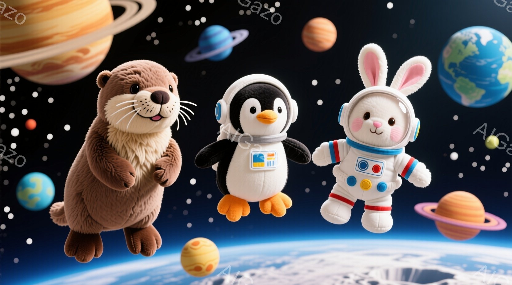 宇宙空間を漂うカワウソ、ペンギン、ウサギのぬいぐるみたちが描かれています。カワウソはリラックスした表情で前足を伸ばし、ペンギンはオレンジ色の足で立っており、ウサギは宇宙服を着て両手を広げています。背景には地球、火星、木星などの惑星が浮かび、星が散りばめられた暗い宇宙が広がっています。
