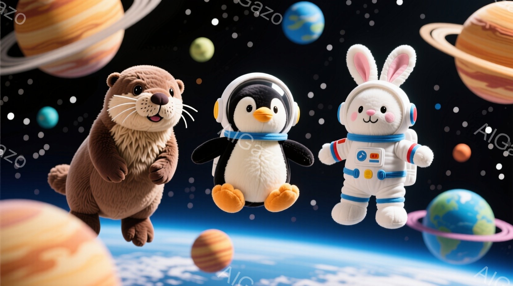 宇宙空間を漂うカワウソ、ペンギン、ウサギのぬいぐるみがあります。ペンギンは宇宙服を着ており、ウサギも同様に宇宙飛行士の衣装を着ています。背景には様々な惑星や星が散りばめられており、夢のような幻想的な雰囲気です。