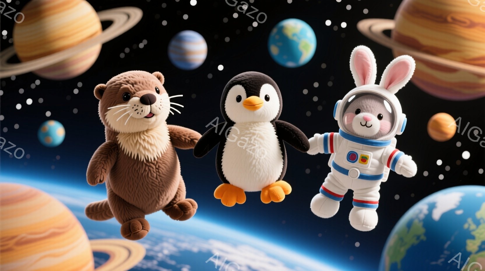 宇宙空間を背景に、カワウソ、ペンギン、宇宙飛行士のウサギが手をつないで浮かんでいます。カワウソは茶色の毛並みで、ペンギンは白と黒のコントラストがはっきりしています。背景には、地球や土星などの惑星や星々が散りばめられており、幻想的な雰囲気を醸し出しています。