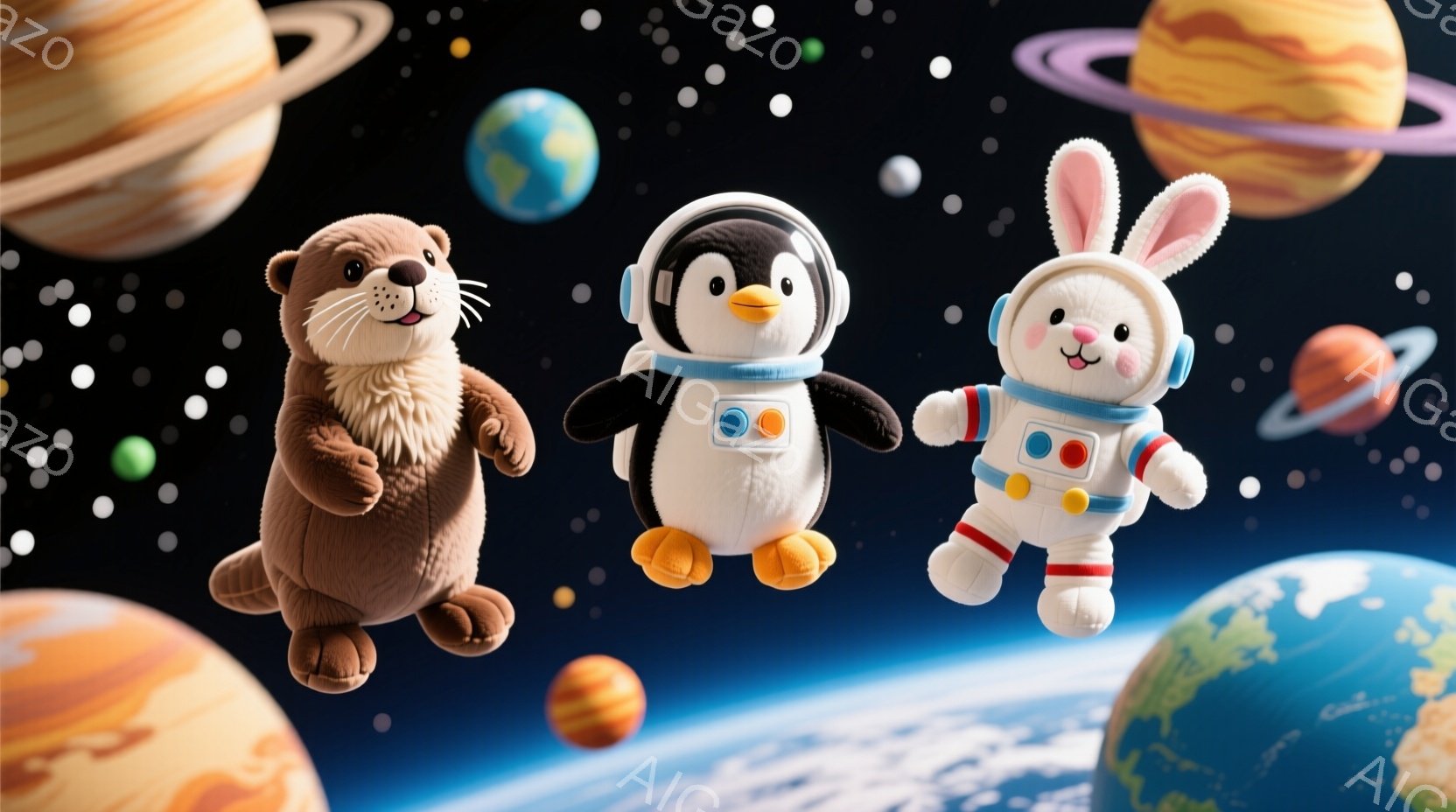 ３匹の動物たちが宇宙空間を浮遊している様子が描かれています。カワウソ、ペンギン、ウサギはそれぞれ宇宙服を着ており、ウサギは特に可愛らしい表情で微笑んでいます。背景には地球や他の惑星が浮かび、星屑が散りばめられた暗闇が広がり、遊び心のある夢のような雰囲気を醸し出しています。