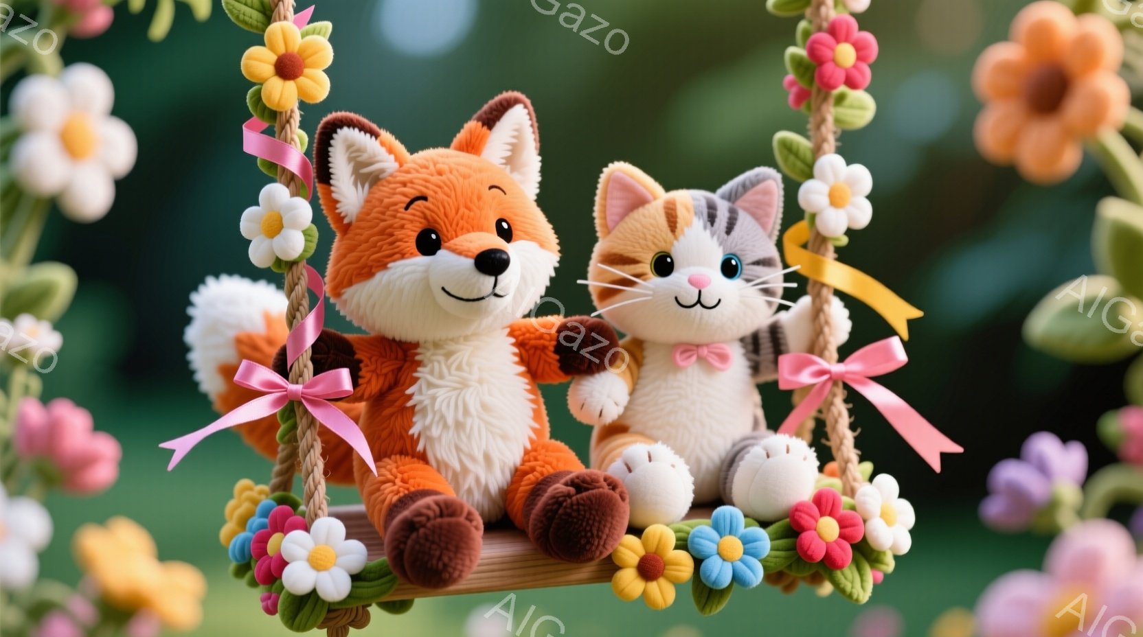 明るい緑の背景に、狐と猫のぬいぐるみのおもちゃが花で飾られたブランコに乗っています。狐はオレンジ色で、猫は白と茶色のしま模様で、どちらもリボンで飾られていて、幸せそうな表情をしています。全体的に柔らか - AI生成フリー素材