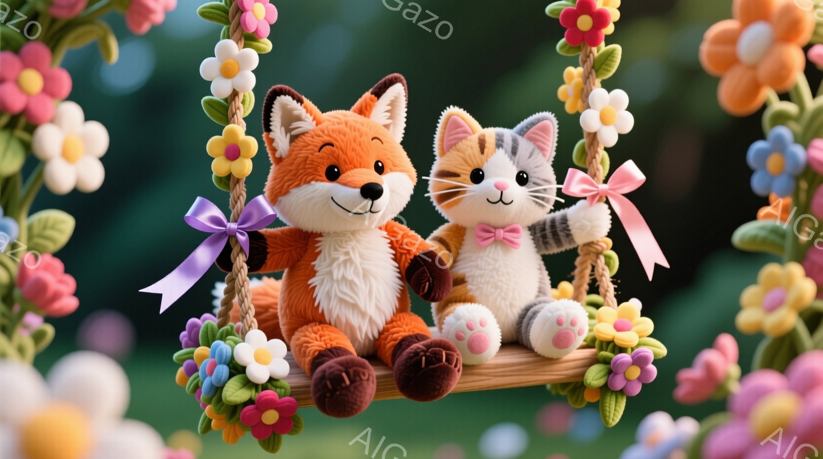 ふわふわのオレンジ色のキツネと、白と茶色の縞模様の猫が、花で飾られたブランコに寄り添って座っています。それぞれピンクのリボンをつけており、顔には幸せそうな笑顔が浮かんでいます。背景は緑豊かな自然で、た - AI生成フリー素材