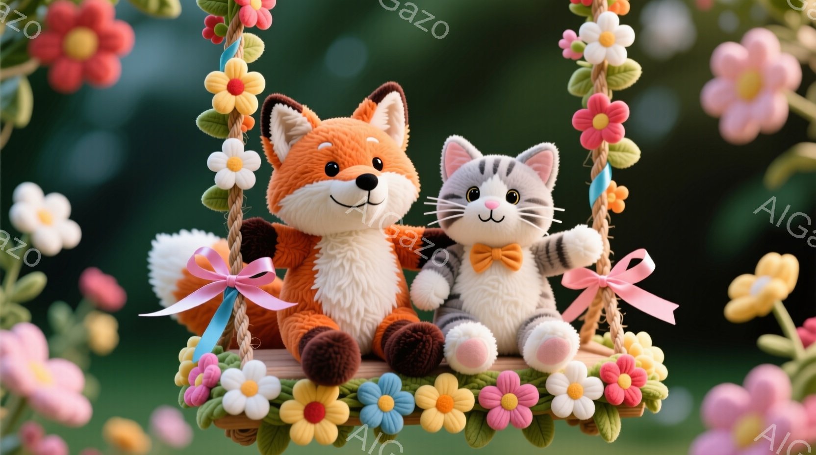 鮮やかな色彩のぬいぐるみであるキツネと猫が、花で飾られたブランコに並んで座っています。キツネはオレンジ色で、ピンクのリボンと白い胸元が特徴的で、猫は縞模様でオレンジと白のリボンをつけています。背景は緑豊かな自然で、花々がブランコを囲み、暖かく可愛らしい雰囲気を醸し出しています。