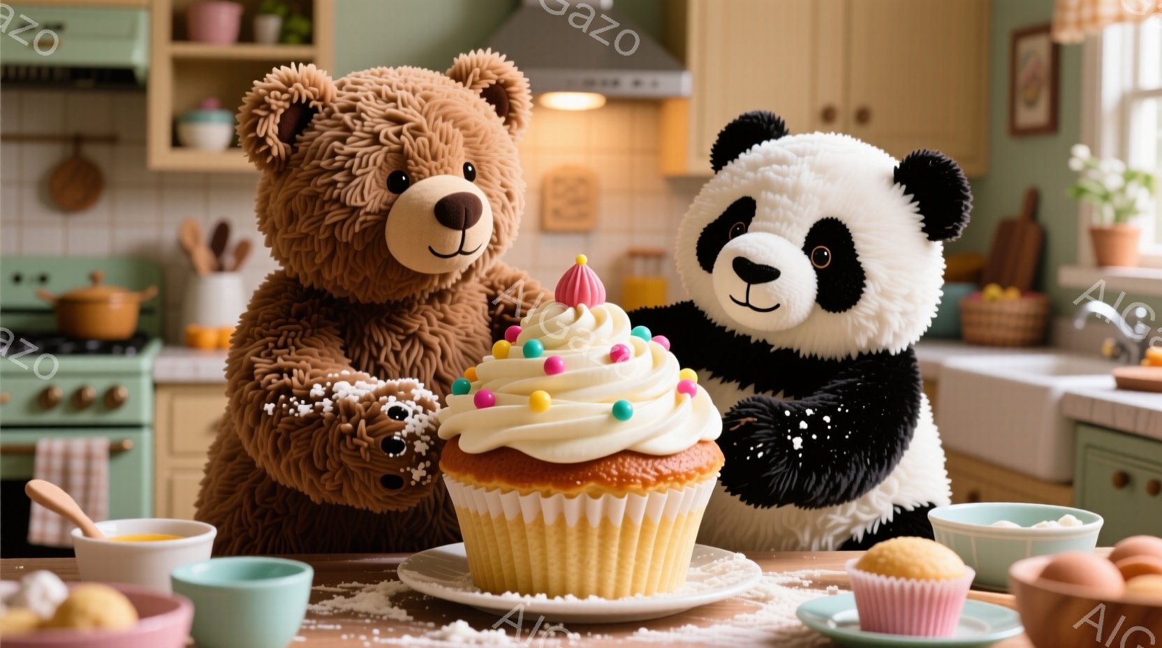 ぬいぐるみの茶色のクマとパンダが、クリームとカラフルなスプリンクルで飾られた大きなカップケーキの前に座っています。背景には、調理器具や食器が並んだ明るい緑色のキッチンがあり、暖かく居心地の良い雰囲気で - AI生成フリー素材