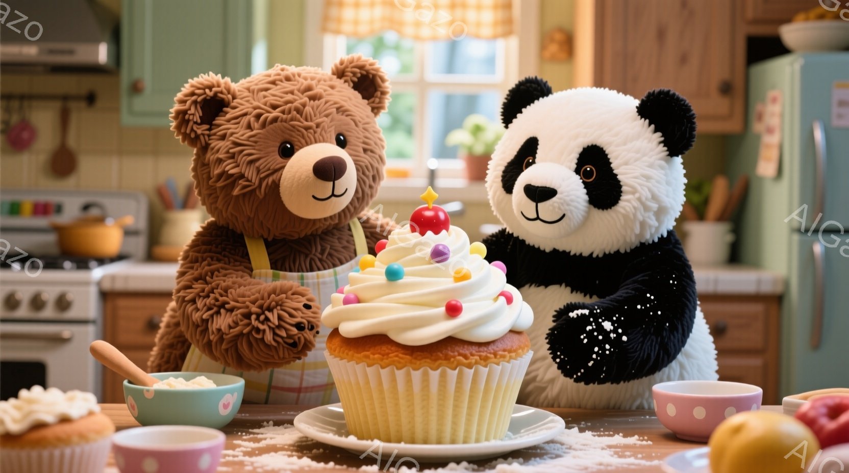 ぬいぐるみのような茶色の熊とパンダが、小麦粉を敷いた台所のテーブルに立っている。熊はエプロンを着ており、パンダは片手を上げて嬉しそうに微笑んでいる。テーブルの中央には、カラフルなスプリンクルとクリーム - AI生成フリー素材