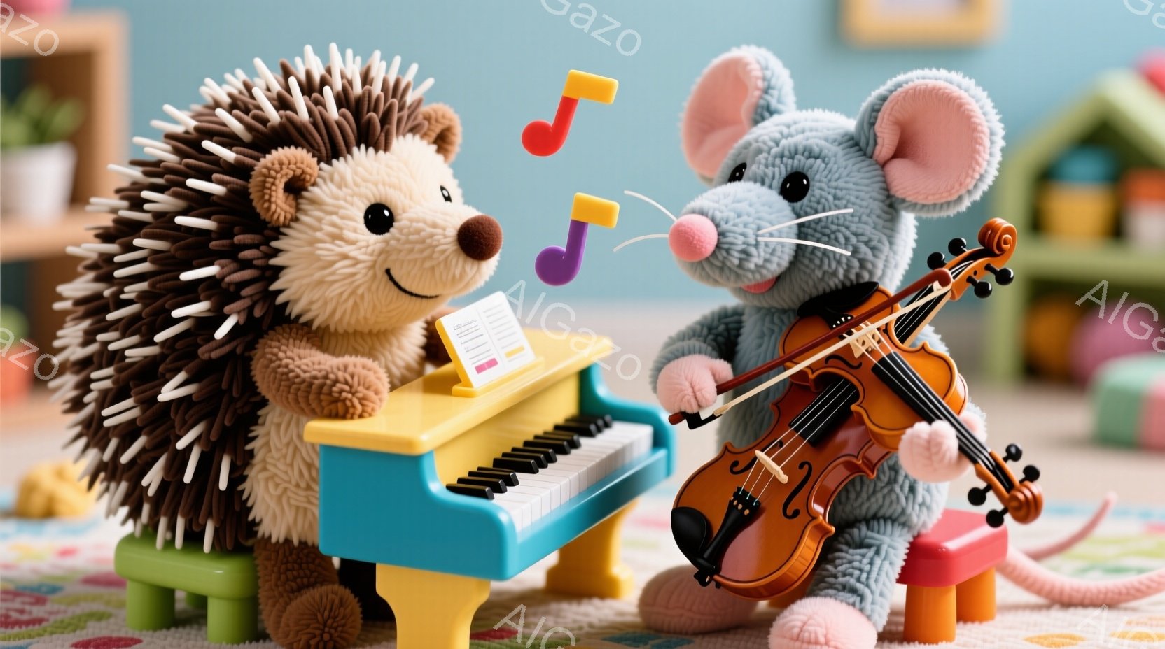 ハリネズミとネズミが、カラフルな子供部屋で音楽を演奏しています。ハリネズミはピンク色のピアノに向かって座り、楽しそうな表情で演奏しています。ネズミはバイオリンを構え、同じく楽しそうに演奏しており、音楽記号が二人の周りを舞っています。