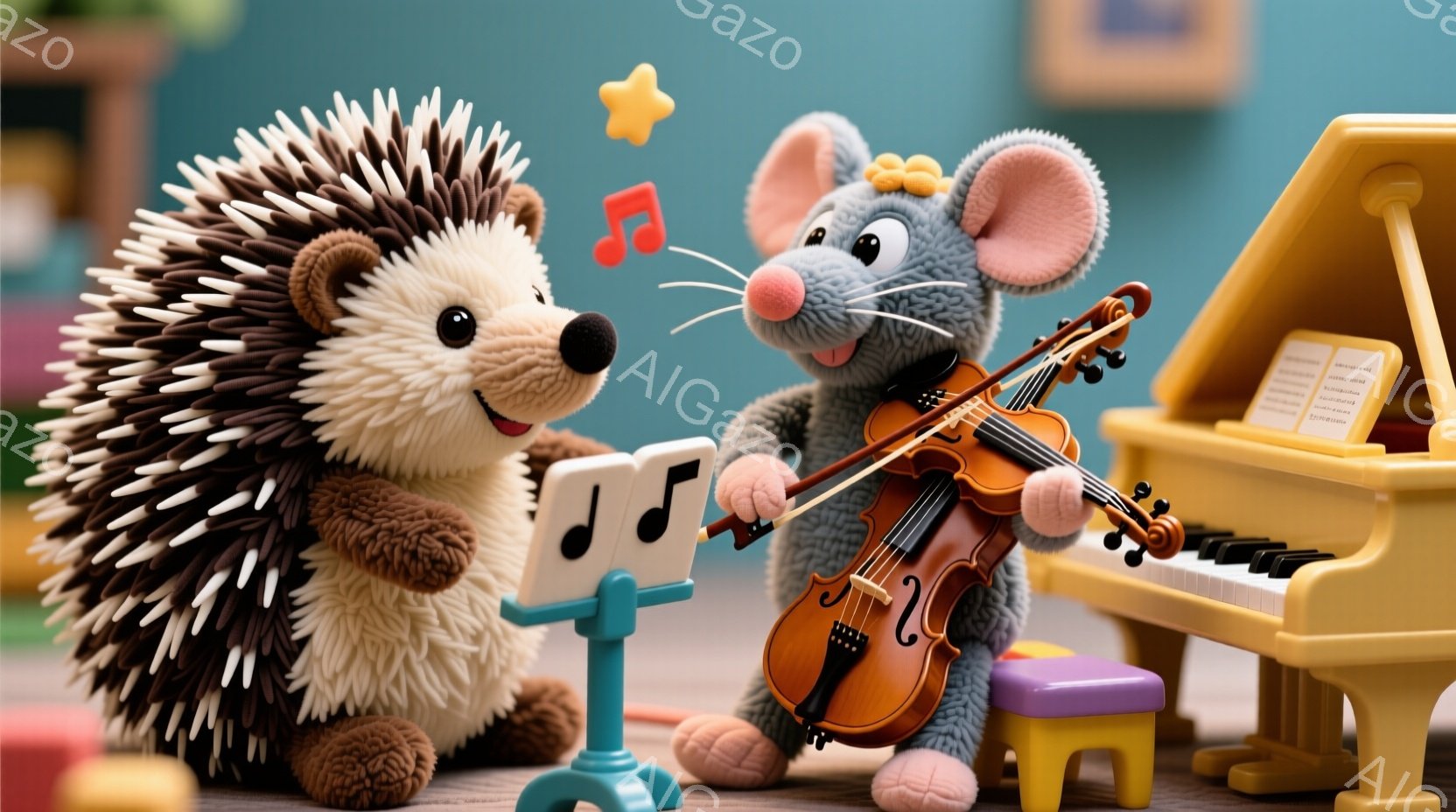 ぬいぐるみのようなハリネズミとネズミが音楽を楽しんでいる様子が描かれています。ハリネズミは明るい茶色で、笑顔を浮かべており、ネズミはバイオリンを演奏し、楽譜スタンドの前に立っています。背景にはおもちゃ - AI生成フリー素材