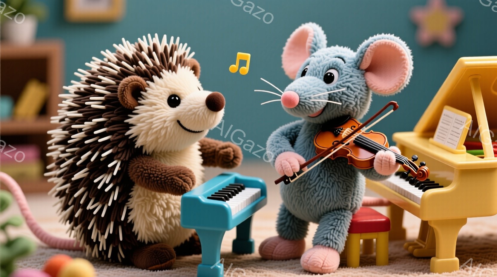ハリネズミとネズミが音楽を楽しんでいる様子が描かれています。ハリネズミは青いキーボードを弾き、ネズミはバイオリンを演奏しており、楽しそうな表情をしています。背景には、小さな椅子や楽譜が置かれた、暖かく - AI生成フリー素材