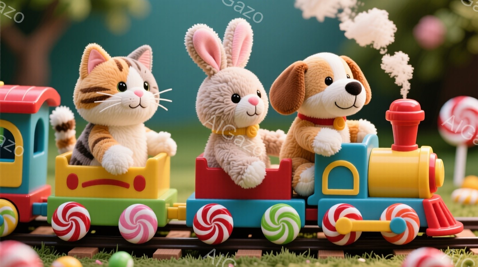 明るい緑の芝生の上を、カラフルなキャンディの車輪がついたおもちゃの列車が走っています。その列車には、縞模様の猫、ふわふわのウサギ、そして茶色い子犬の３匹のぬいぐるみたちが乗っており、それぞれ楽しそうに - AI生成フリー素材
