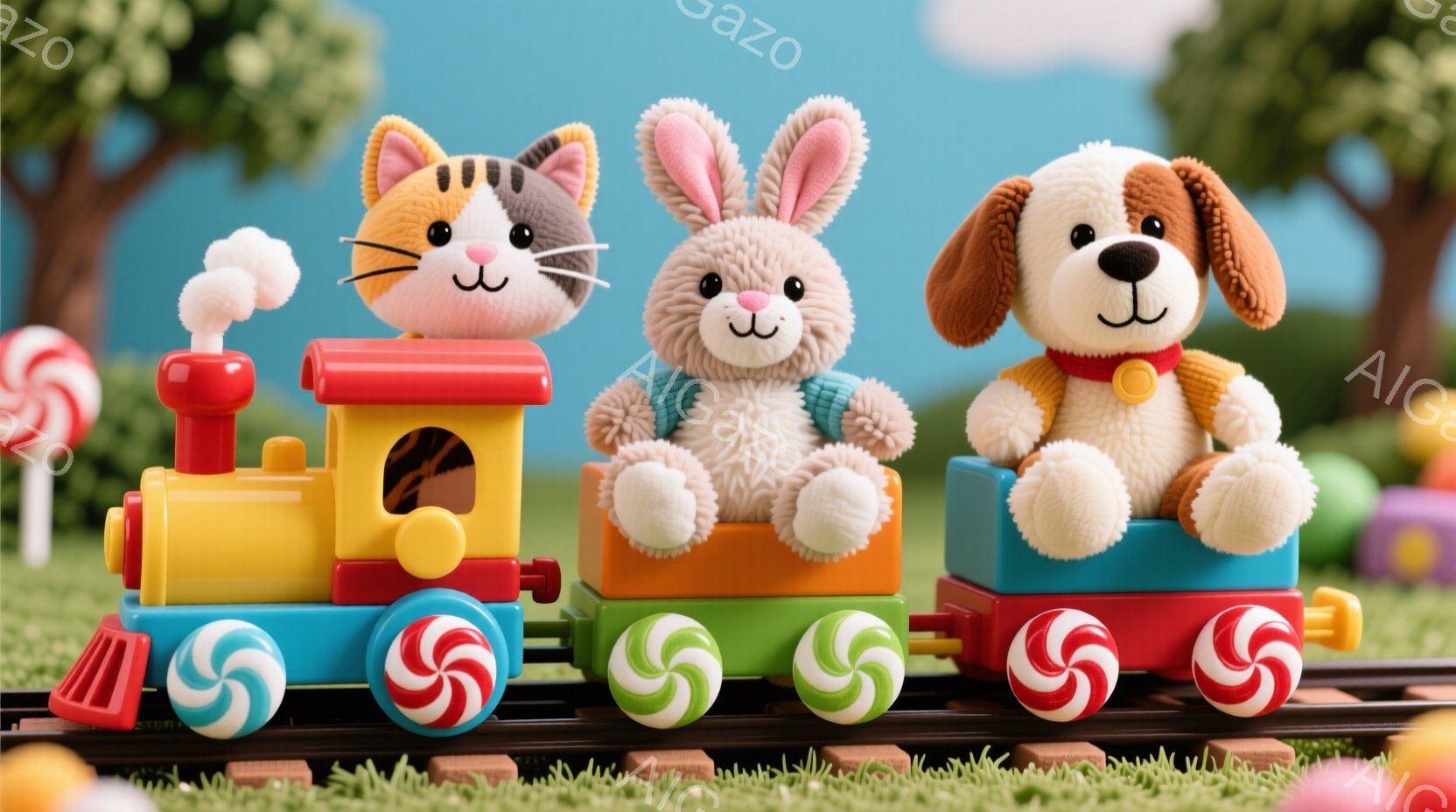 明るい緑の芝生の上を、カラフルなキャンディの装飾が施されたおもちゃの列車が走っています。列車には、猫、ウサギ、犬のぬいぐるみのおもちゃが乗っており、それぞれ幸せそうな表情を浮かべています。背景には、カ - AI生成フリー素材