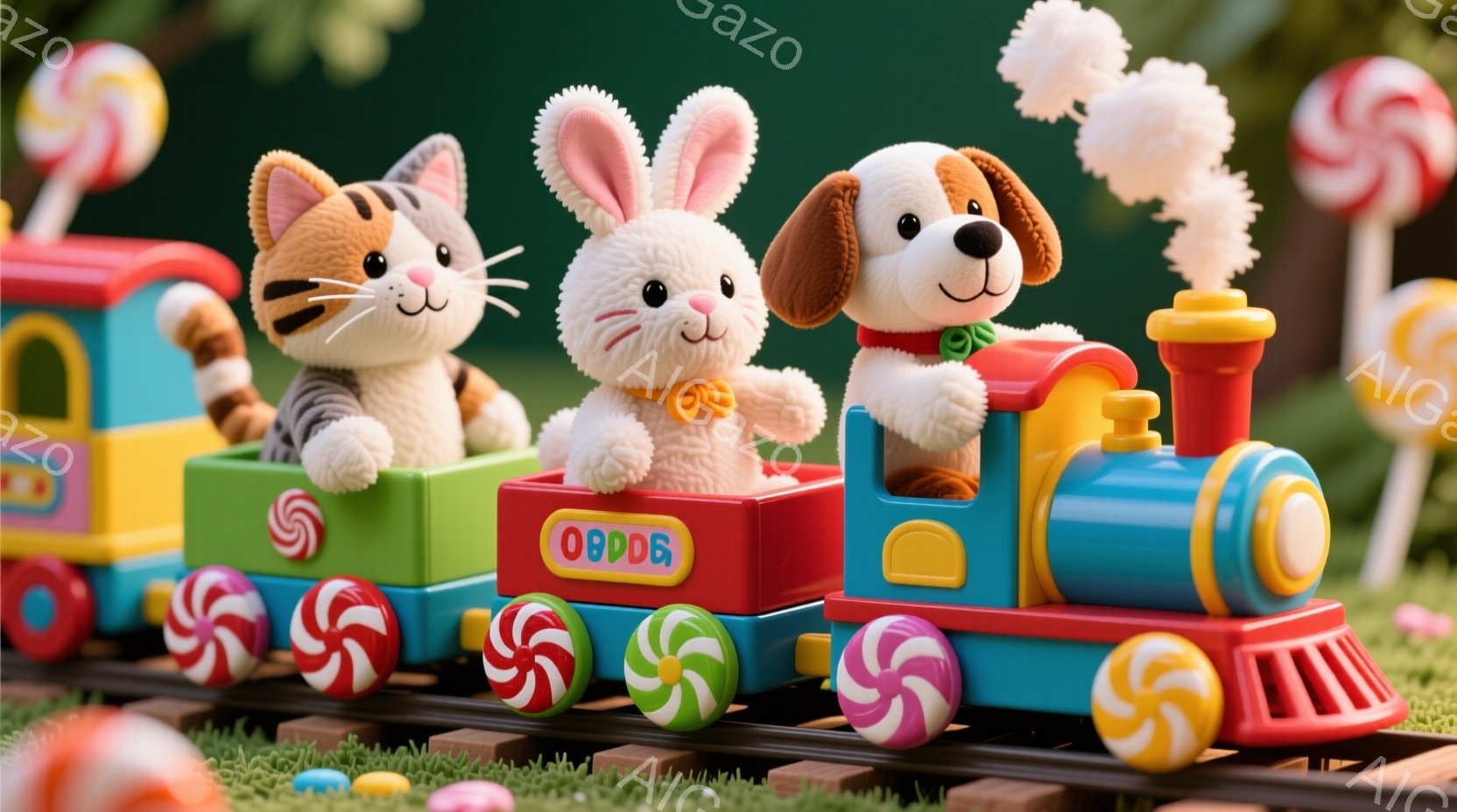 カラフルなキャンディの列車が、緑の芝生の上を走っています。列車には、縞模様の猫、白いウサギ、茶色い犬のぬいぐるみが乗り、それぞれ幸せそうな表情をしています。背景には、様々なキャンディが散らばり、お祭り - AI生成フリー素材