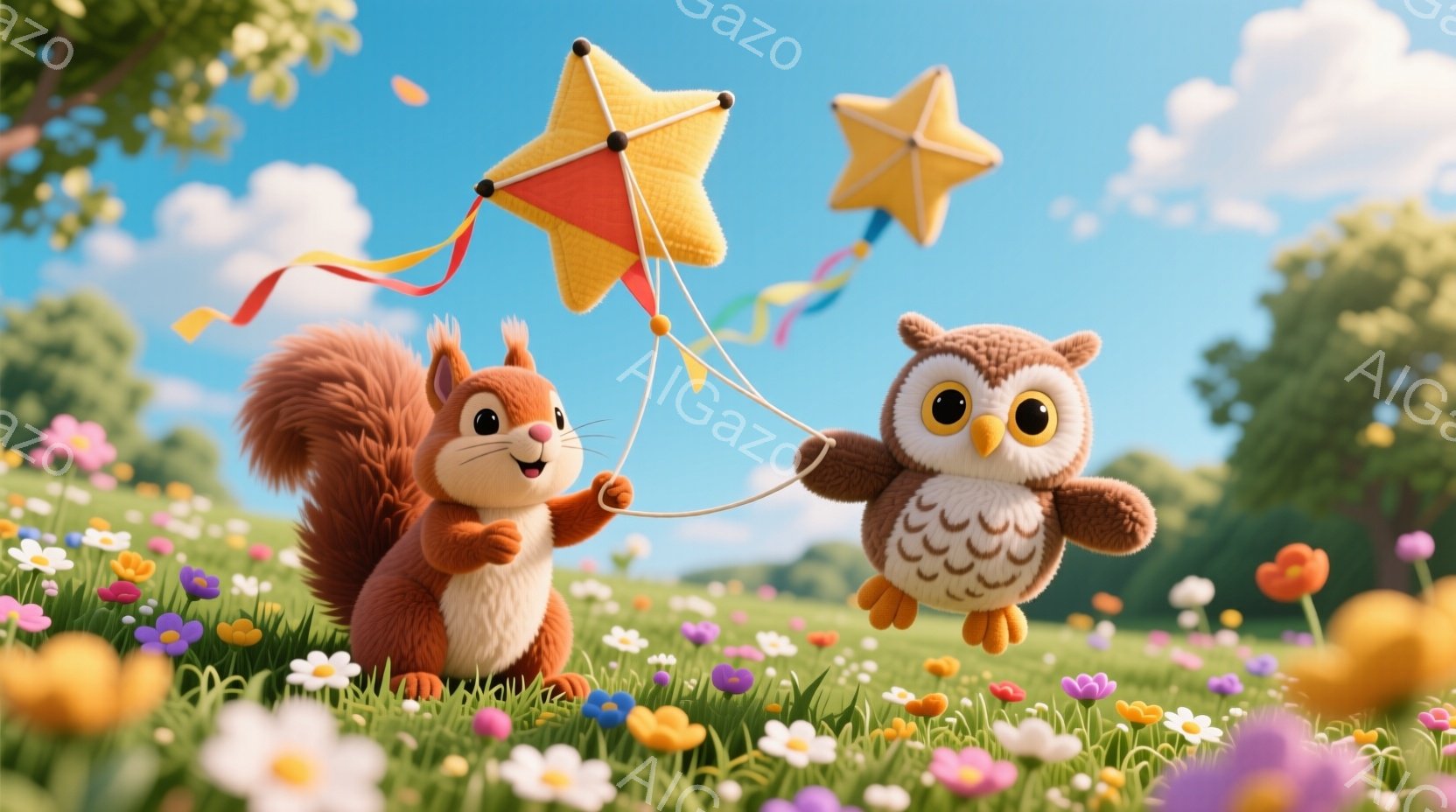 明るい緑の草原で、リスとフクロウが風船のような凧を共有しています。リスは茶色い毛並みで、楽しそうに凧の糸を握り、フクロウは茶色と白のふわふわの羽毛を持ち、嬉しそうに凧を見上げています。背景には色とりど - AI生成フリー素材