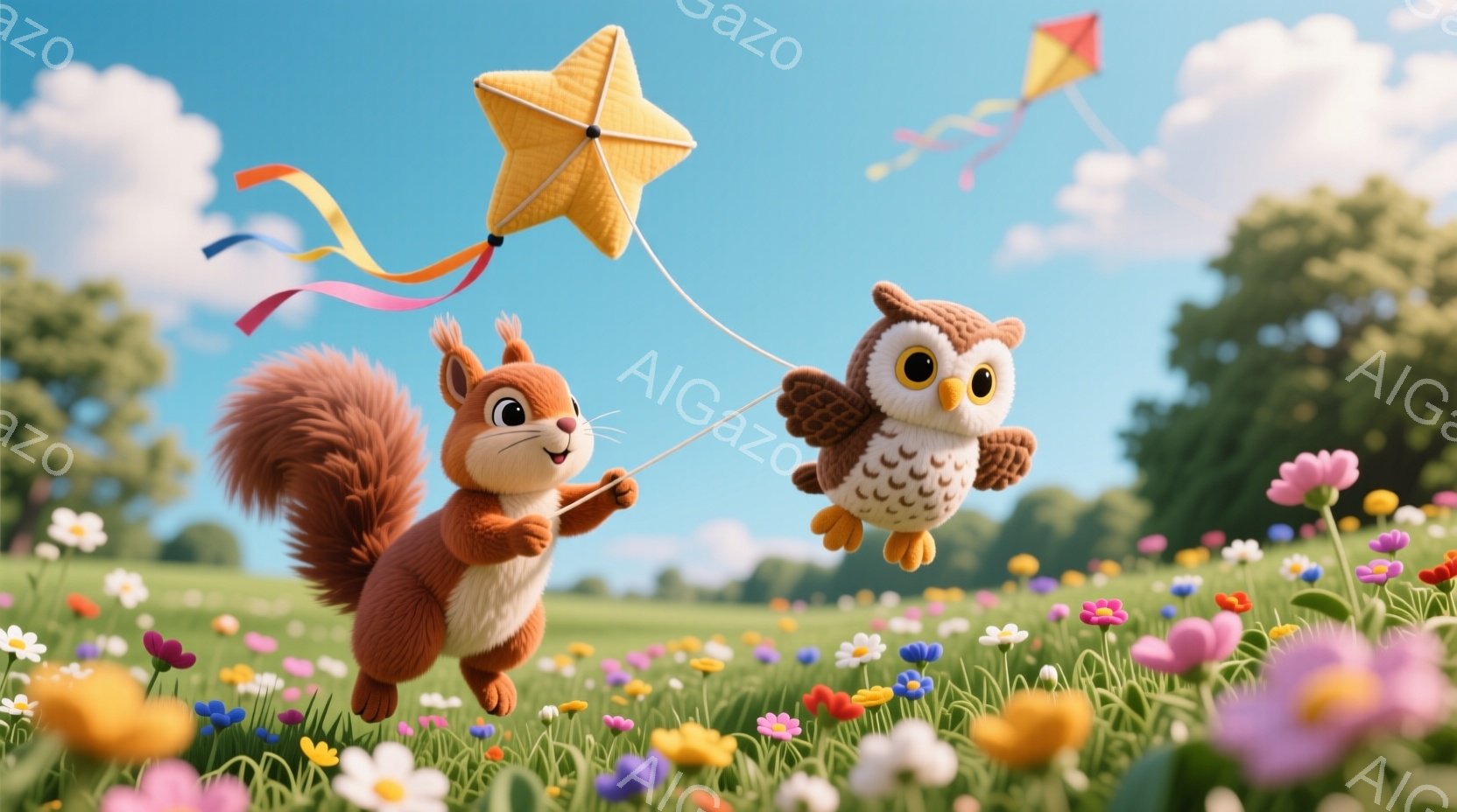 明るい日差しの中で、リスとフクロウが空中で凧を揚げています。リスは茶色の毛並みで、喜びにあふれた表情で、片手で凧の糸を握り、飛び跳ねています。背景には、緑豊かな草原と色とりどりの花々が咲き乱れ、遠くには木々が見え、平和で楽しい雰囲気が漂っています。