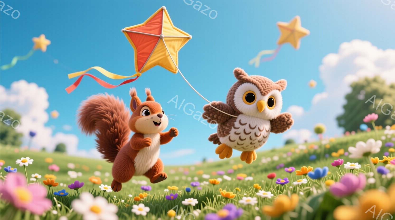 広々とした緑の草原で、リスとフクロウが風に乗って凧揚げを楽しんでいます。リスは赤い毛並みで活発に走り、フクロウはふわふわの羽毛に大きな目で喜びを表しています。背景には色とりどりの花々が咲き乱れ、晴れた空には凧と雲が浮かび、全体的に明るく、遊び心に満ちた雰囲気が漂っています。