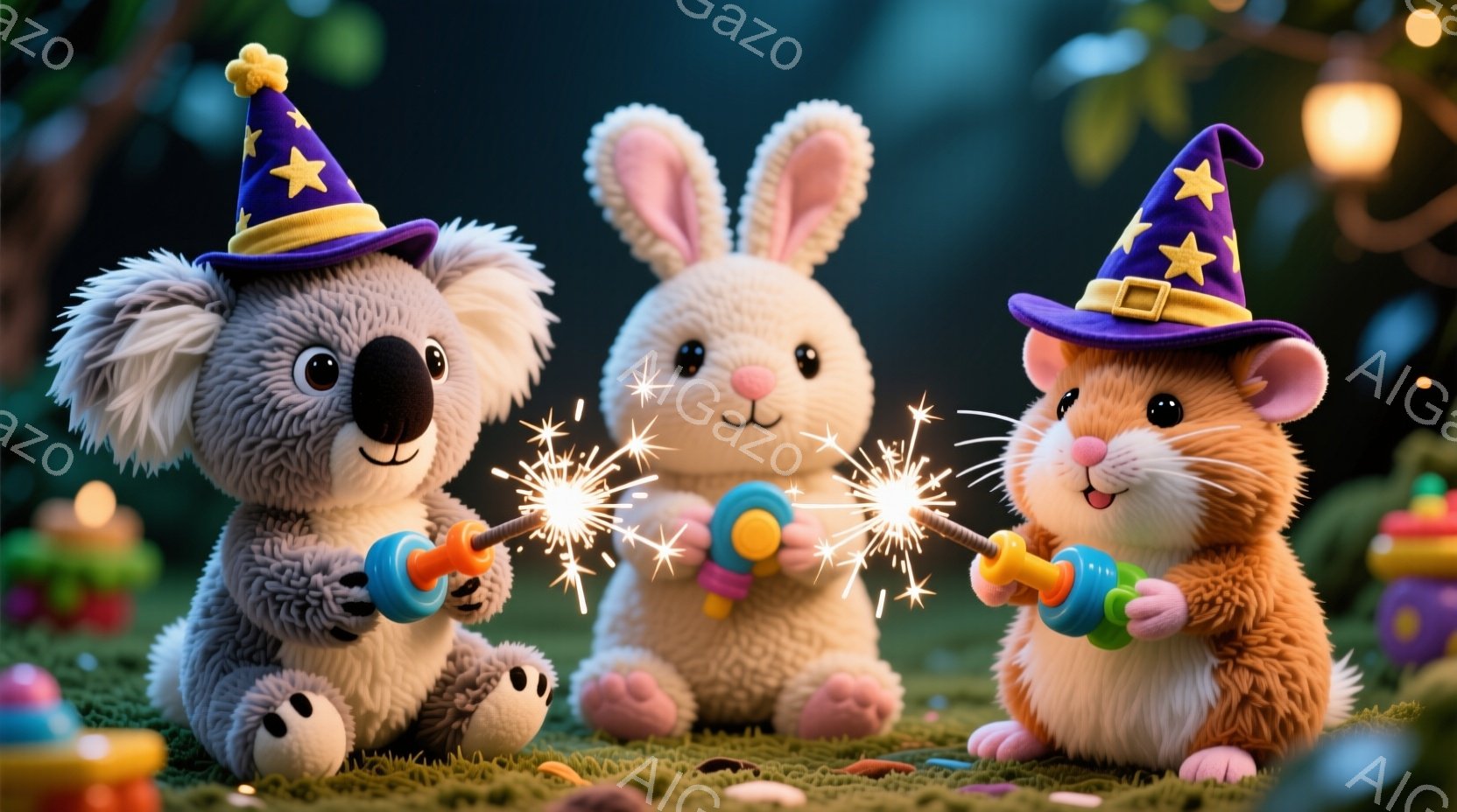 コアラ、ウサギ、ハムスターがそれぞれ魔法使いの帽子をかぶり、花火棒を持って楽しんでいる様子が描かれています。彼らは緑の芝生の上に座り、笑顔で花火を点けており、背景にはぼやけた自然とカラフルな卵のような - AI生成フリー素材