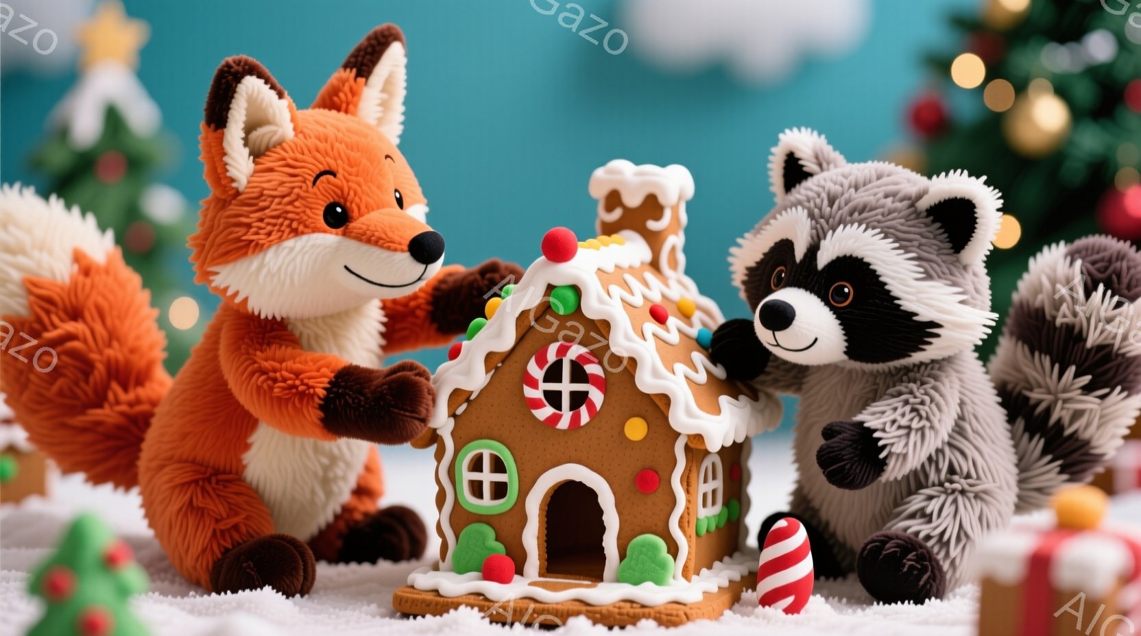 明るい背景に、オレンジ色のキツネと灰色のハクが、ジンジャーブレッドハウスの前に立っています。キツネは片手を伸ばしてジンジャーブレッドハウスに触れようとしており、ハクは顔を近づけて興味津々に見つめていま - AI生成フリー素材