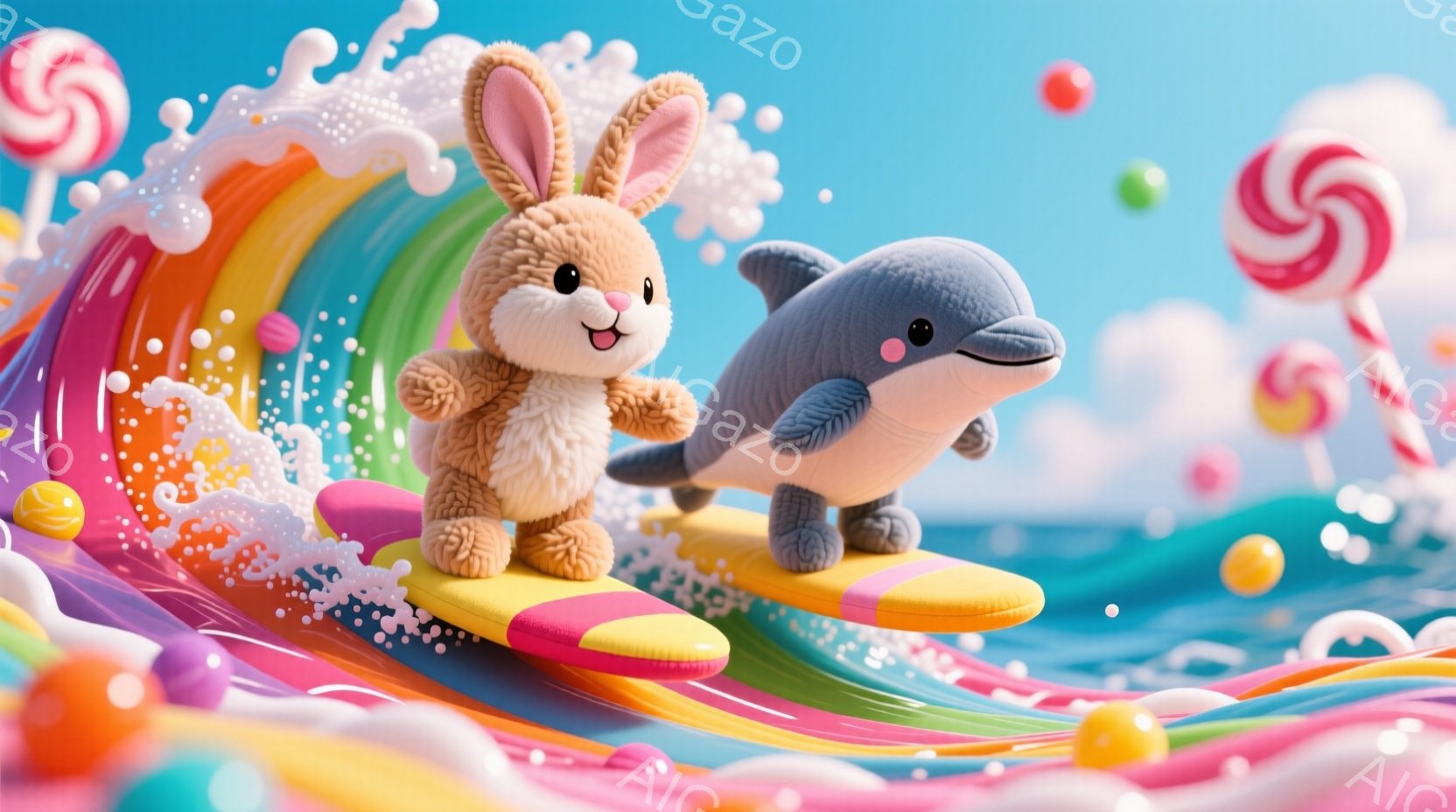 ふわふわの茶色のウサギとイルカが、ピンク色のサーフボードに乗ってカラフルな波の上を滑っている様子が描かれています。波はキャンディーのような色合いで、周りには様々な色のキャンディーが浮かんでおり、明るく - AI生成フリー素材