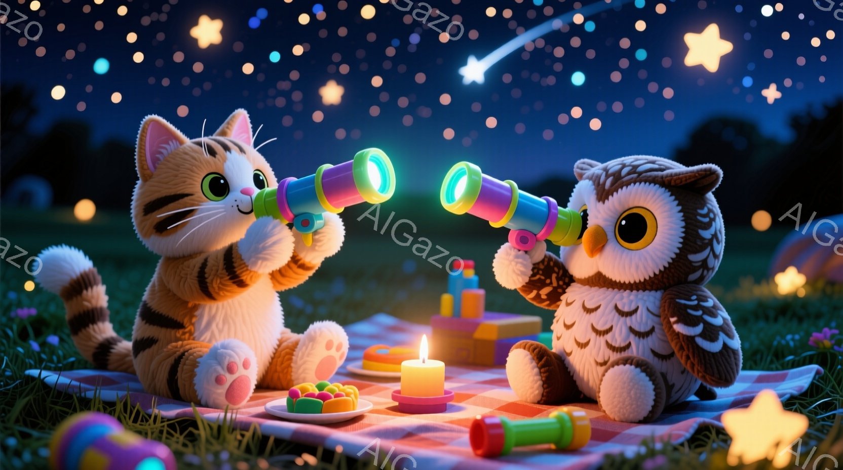 明るいオレンジ色の縞模様の猫と、ふわふわの茶色いフクロウが、赤いチェックのピクニックブランケットの上に座って双眼鏡で何かを覗き込んでいます。ピクニックブランケットの上には、点灯したロウソク、カラフルな - AI生成フリー素材