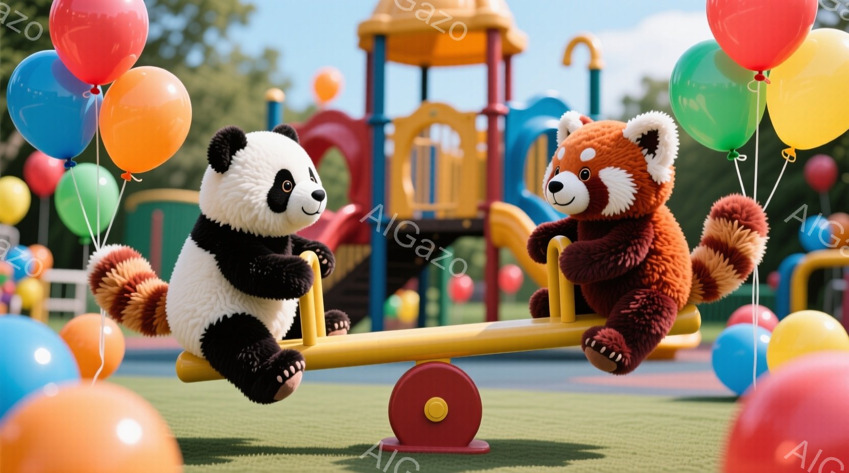 パンダとレッサーパンダのぬいぐるみのおもちゃが、遊園地のシーソーに乗って楽しんでいます。背景にはカラフルな遊具と青空が広がり、周りにはたくさんの風船が浮かんでいます。全体的に明るく、楽しい雰囲気が漂う - AI生成フリー素材