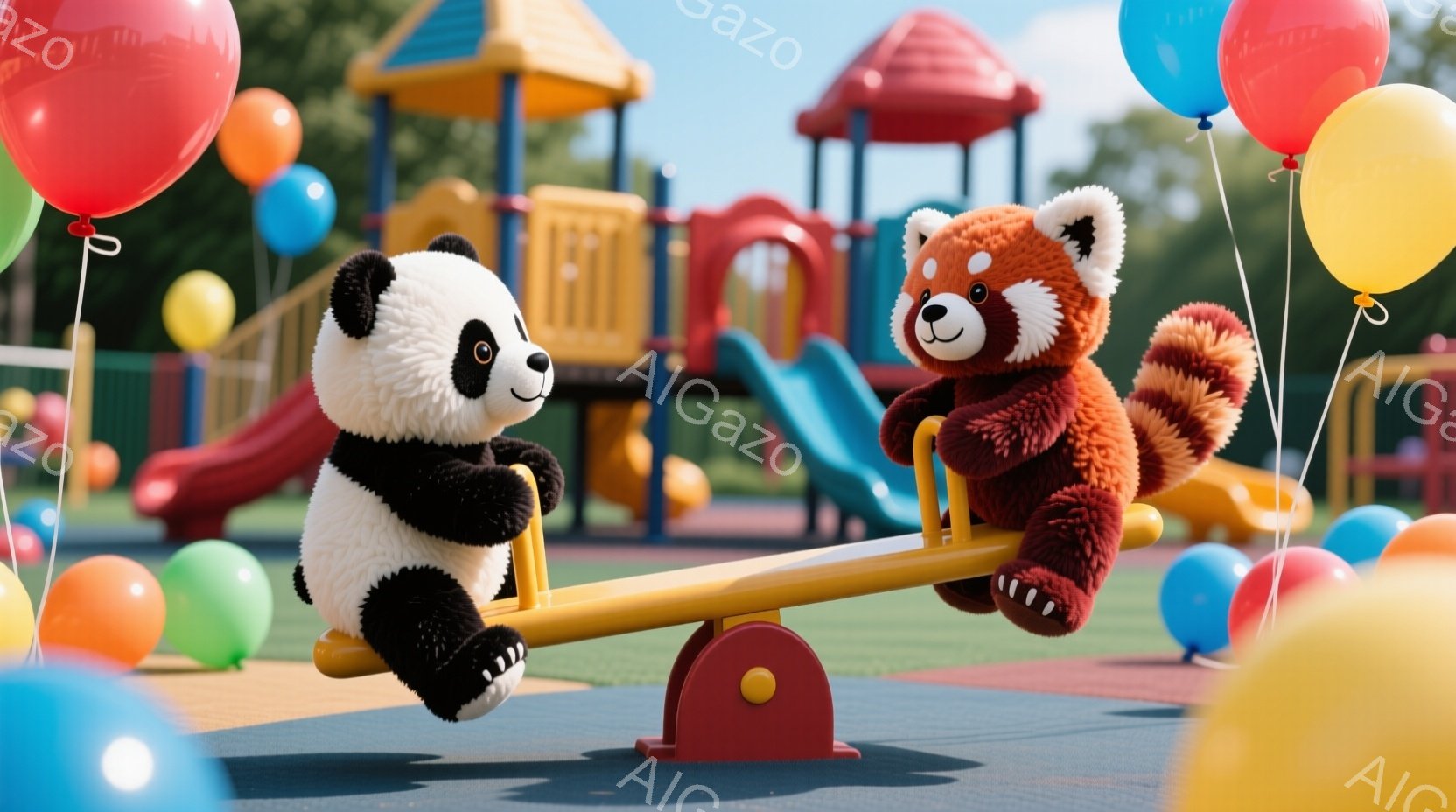 パンダとレッサーパンダのぬいぐるみのおもちゃが遊具のシーソーに乗っています。背景にはカラフルな遊具、青い空、そしてたくさんの風船が見え、明るく楽しい雰囲気です。ぬいぐるみたちは笑顔でシーソーを楽しんで - AI生成フリー素材