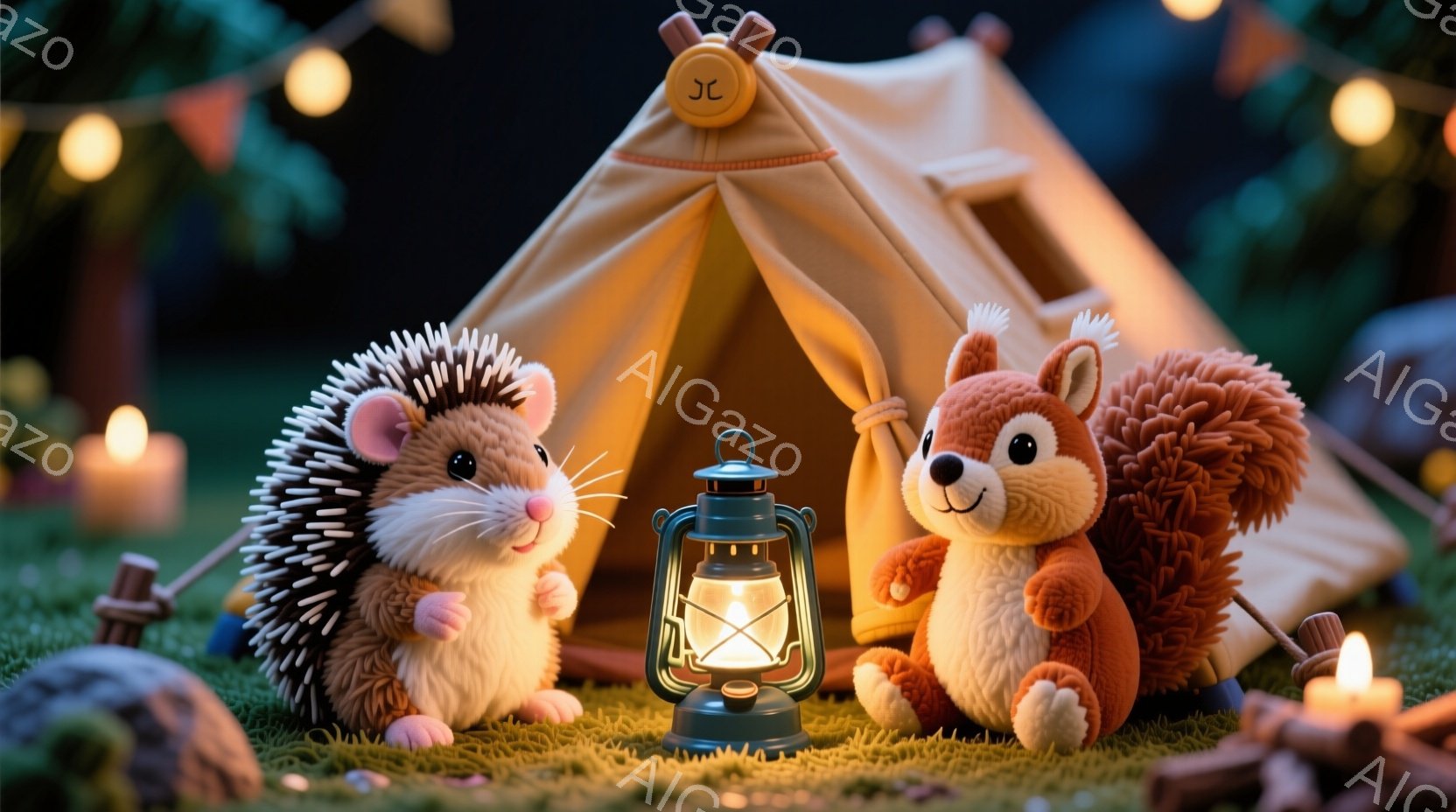 可愛らしいハリネズミとリスがキャンプファイヤーを囲んでいます。ハリネズミはピンクの鼻と短い足で立っており、リスは大きな尻尾と明るい笑顔で、キャンプのランタンの前に座っています。背景には緑の草、小さな白 - AI生成フリー素材
