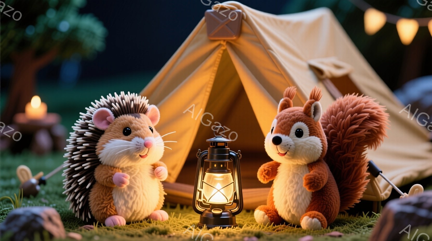 針鼠とリスがキャンプを楽しんでいる様子が描かれています。針鼠はピンクの帽子をかぶり、リスはベストを着用しており、どちらも楽しそうな表情をしています。背景にはテント、ランタン、そして木々が見え、夜のキャ - AI生成フリー素材
