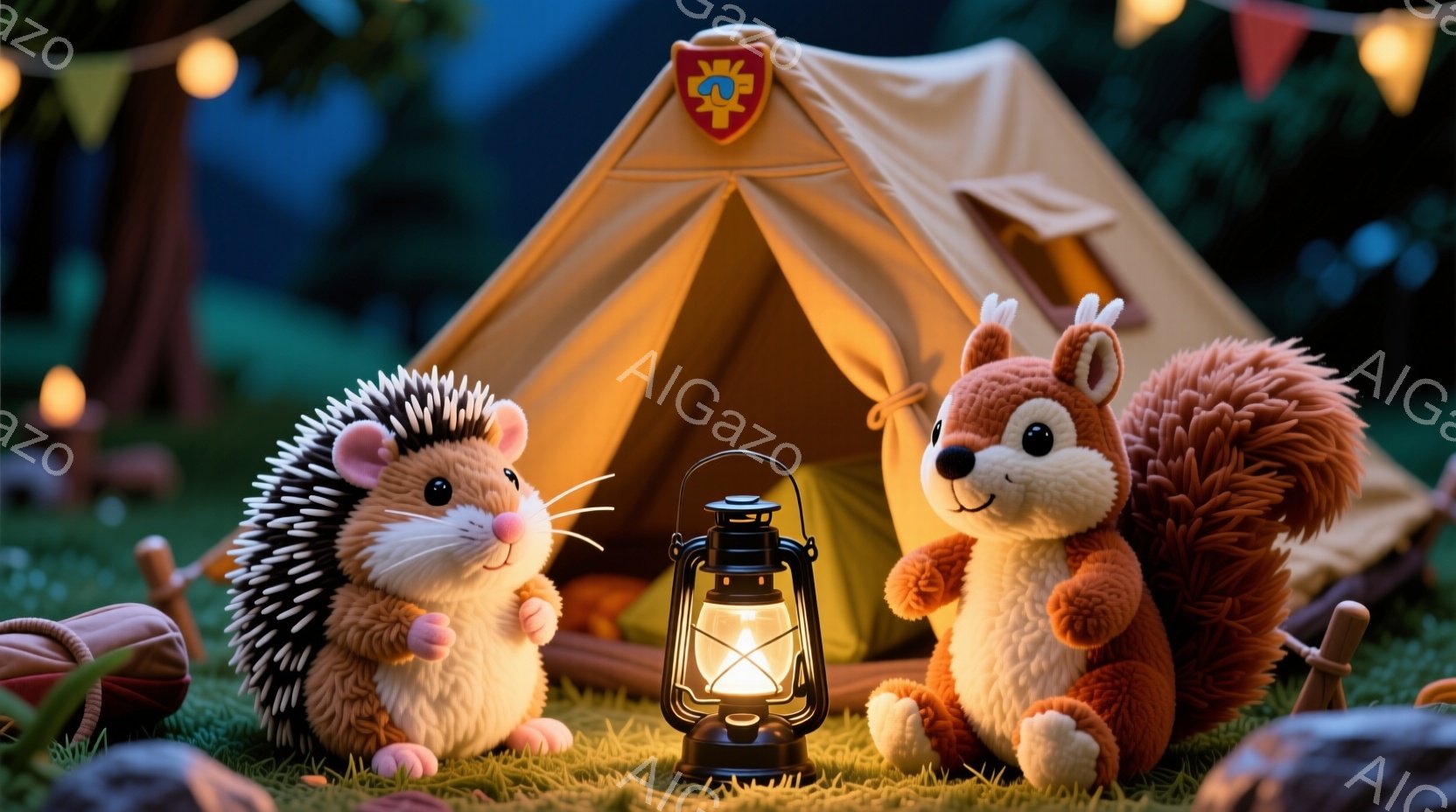 苔むした地面に、ハリネズミとリスがキャンプを楽しんでいます。ハリネズミはピンクの服を着ており、リスはオレンジ色の毛並みで、どちらも可愛らしい表情をしています。背景にはテントが立っており、灯りが灯り、周 - AI生成フリー素材