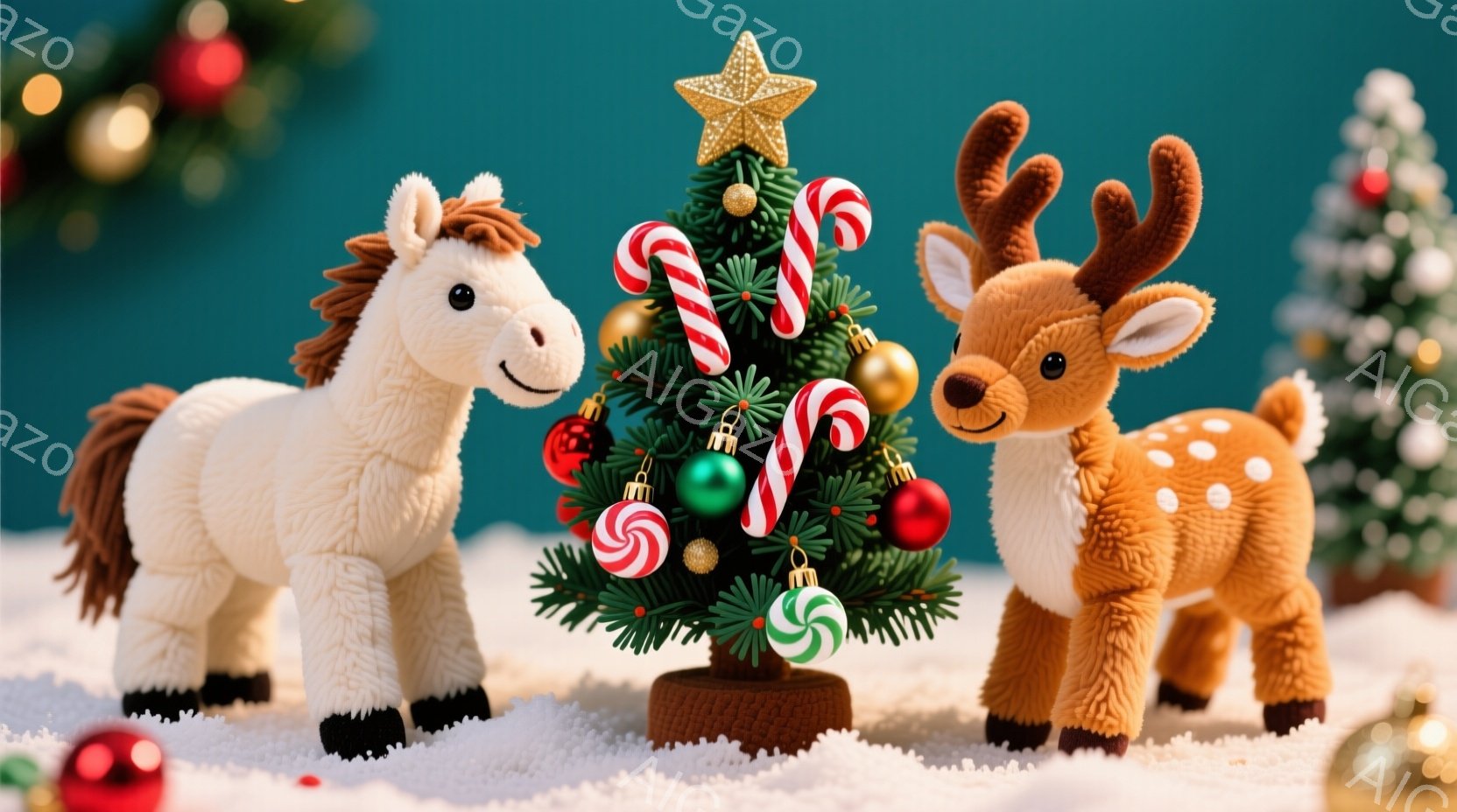白い馬と鹿のぬいぐるみがおもちゃのクリスマスツリーの周りに立っています。ツリーはキャンディで飾られ、白い雪の上に置かれています。背景には他のクリスマスツリーがあり、全体的に温かく、お祝いの雰囲気です。 - AI生成フリー素材