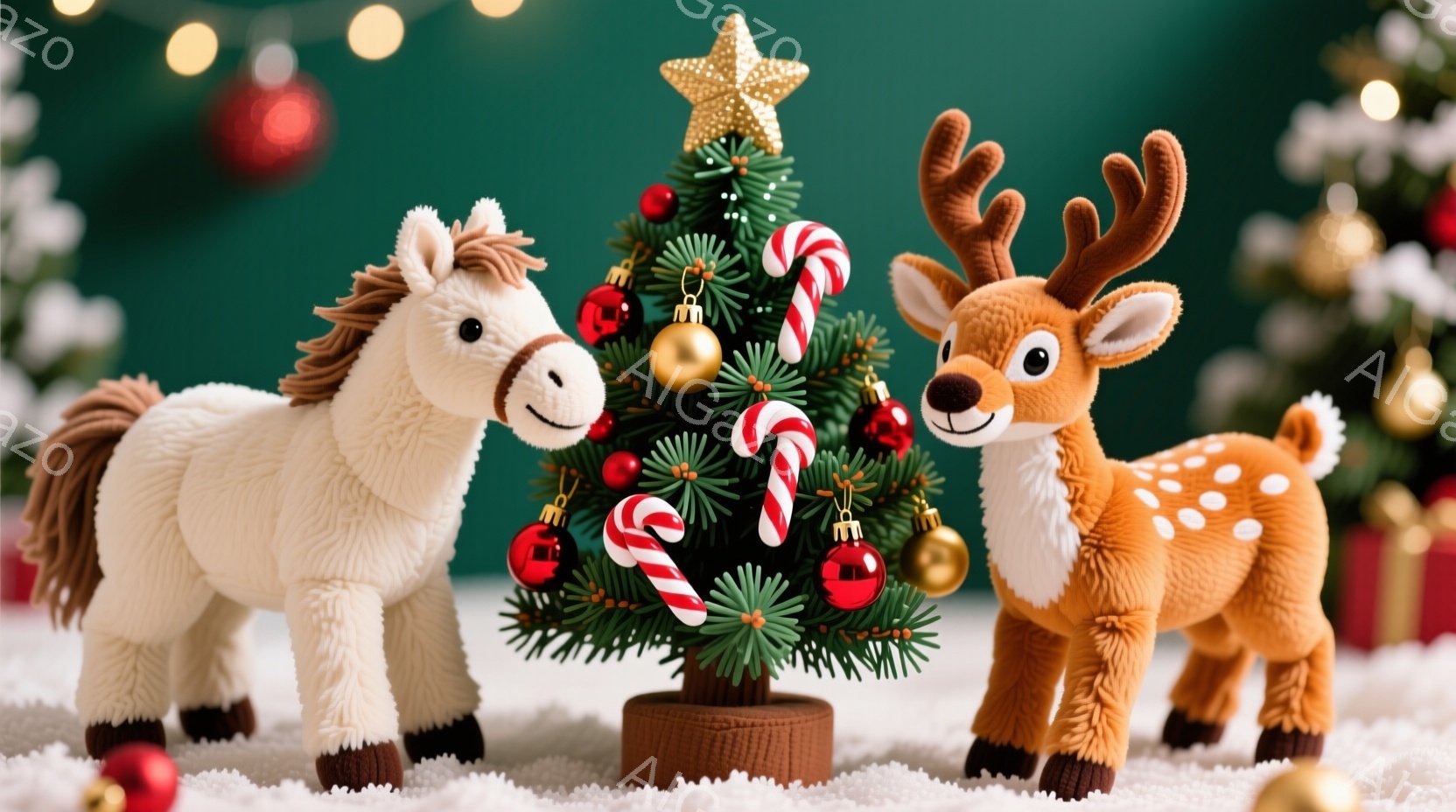 白い馬のおもちゃと茶色の鹿のおもちゃが、小さなクリスマスツリーの周りに立っている。ツリーはキャンディケーンやボールで飾られており、雪の上に置かれているように見える。背景には、ぼやけた緑色のクリスマスツ - AI生成フリー素材