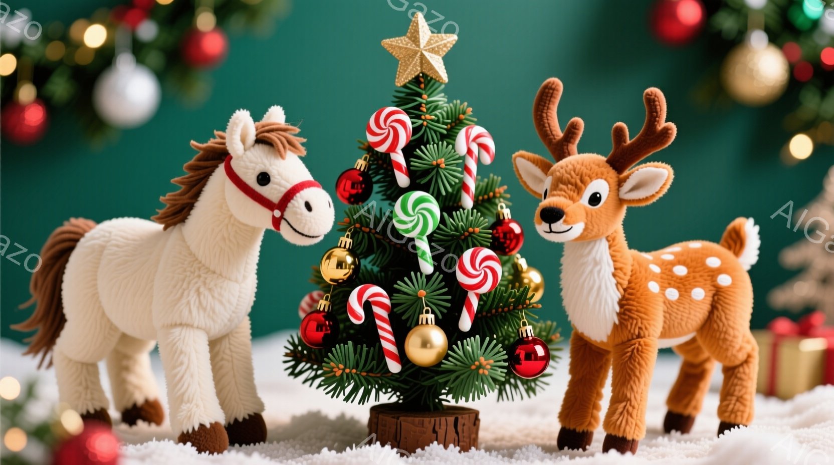 白い馬のおもちゃと茶色のトナカイのおもちゃが、雪の上に立っています。背景には、キャンディやオーナメントで飾られた小さなクリスマスツリーがあり、全体的に暖かく、お祝いムードに満ちた雰囲気です。緑色の背景 - AI生成フリー素材