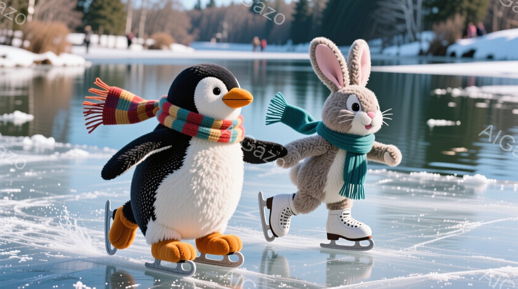 ペンギンとウサギが凍った湖の上でスケートを楽しんでいます。ペンギンはカラフルなストライプのセーターとマフラーを身につけ、ウサギは緑色のマフラーを巻いています。背景には雪の積もった木々と、遠くにぼんやり - AI生成フリー素材