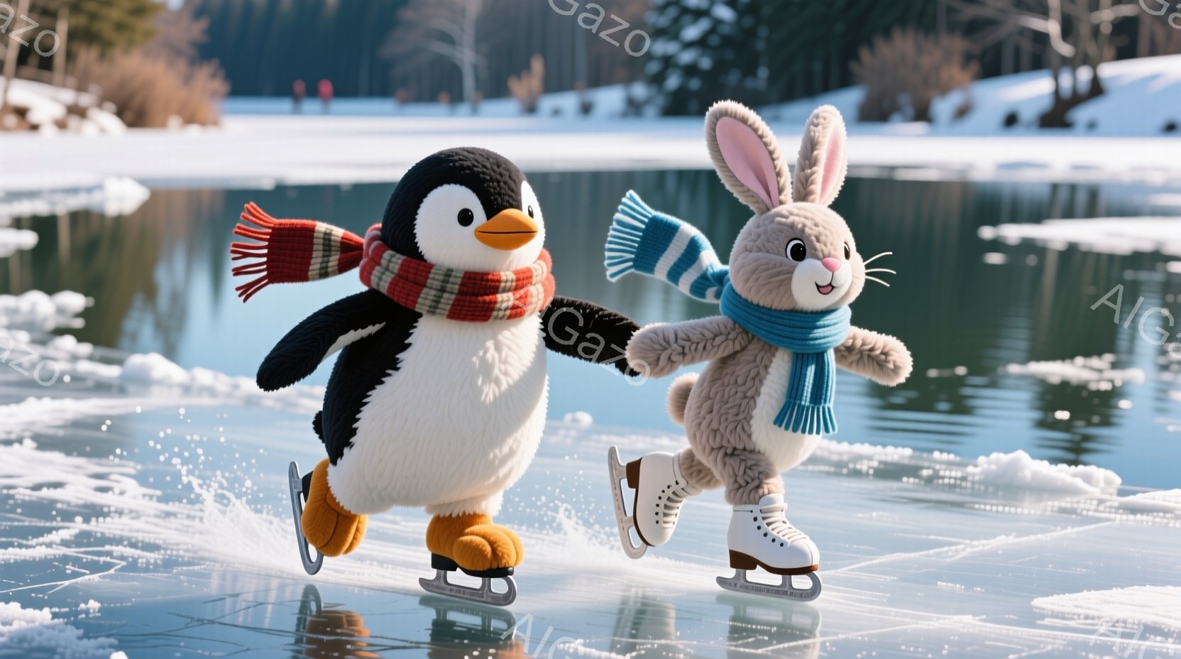 ペンギンとウサギが氷上をスケートしている様子が描かれています。ペンギンは赤と白のストライプのネックウォーマーを巻き、ウサギは水色のネックウォーマーを着用しており、どちらも白いスケート靴を履いています。背景には雪に覆われた木々と、凍った湖面が広がっており、冬の穏やかな雰囲気が漂っています。